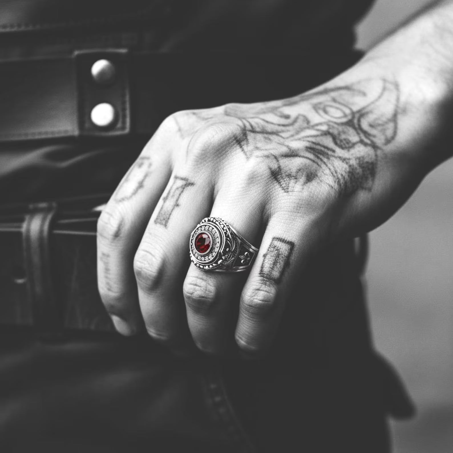 Detailed macro shot of a red garnet Ouroboros snake ring, highlighting handcrafted silver craftsmanship, oxidized finish, and symbolic serpent design inspired by ancient mythology.