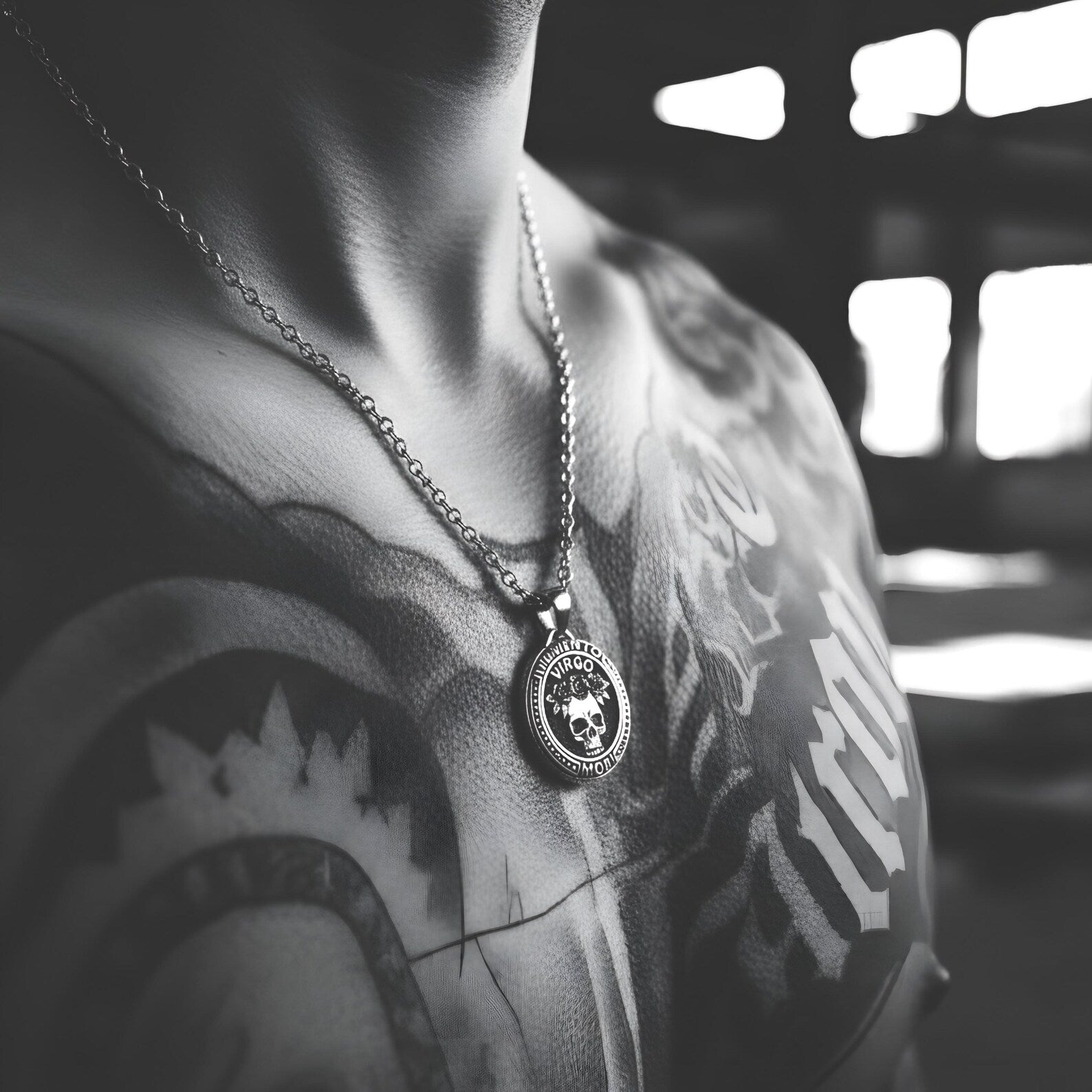 Sterling silver Virgo skull pendant necklace featuring memento mori symbolism, gothic biker style horoscope jewelry, oxidized finish, unique astrological statement piece for men