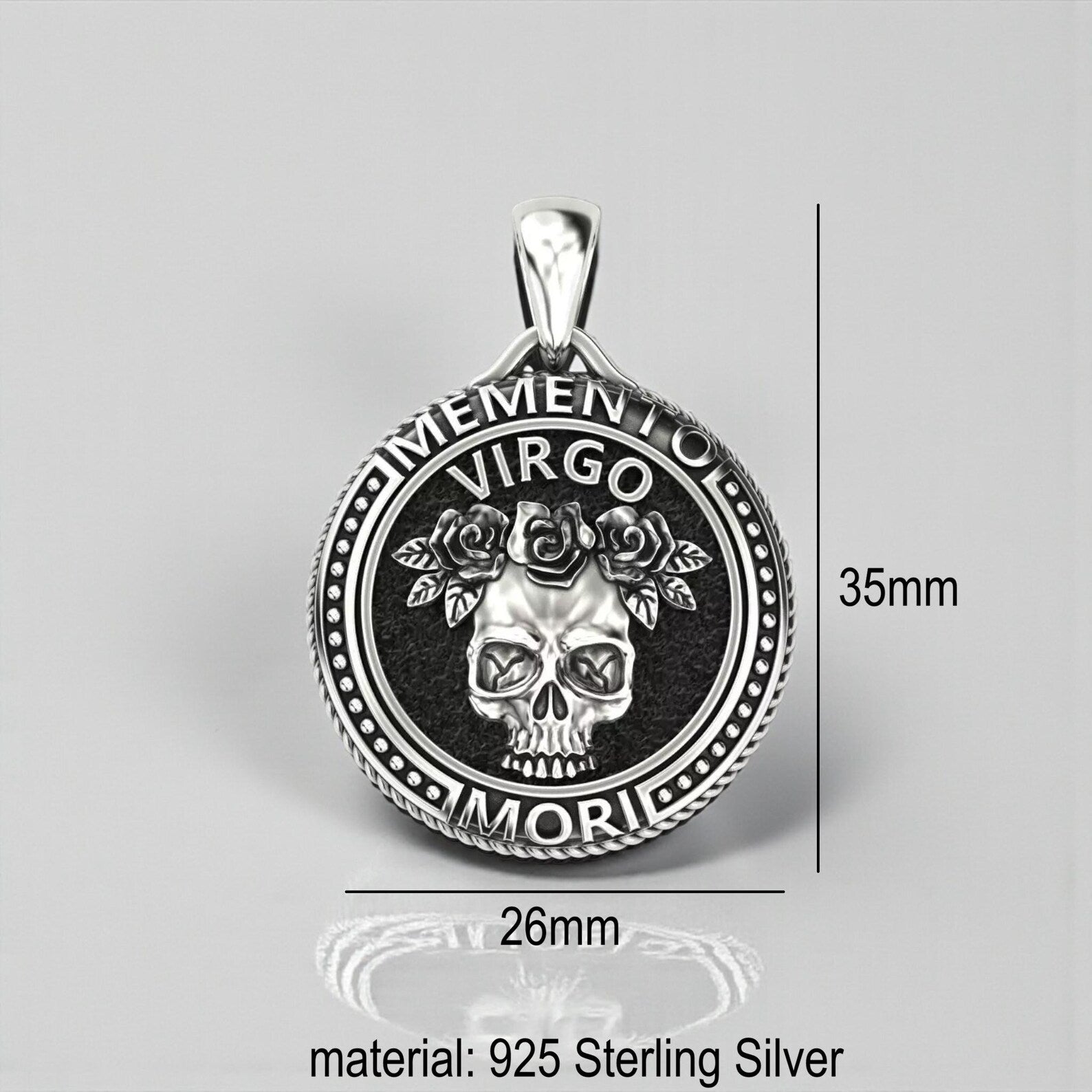 Unique Virgo zodiac pendant necklace in 925 sterling silver with skull motif, gothic memento mori jewelry representing precision, introspection, life’s impermanence and spiritual depth