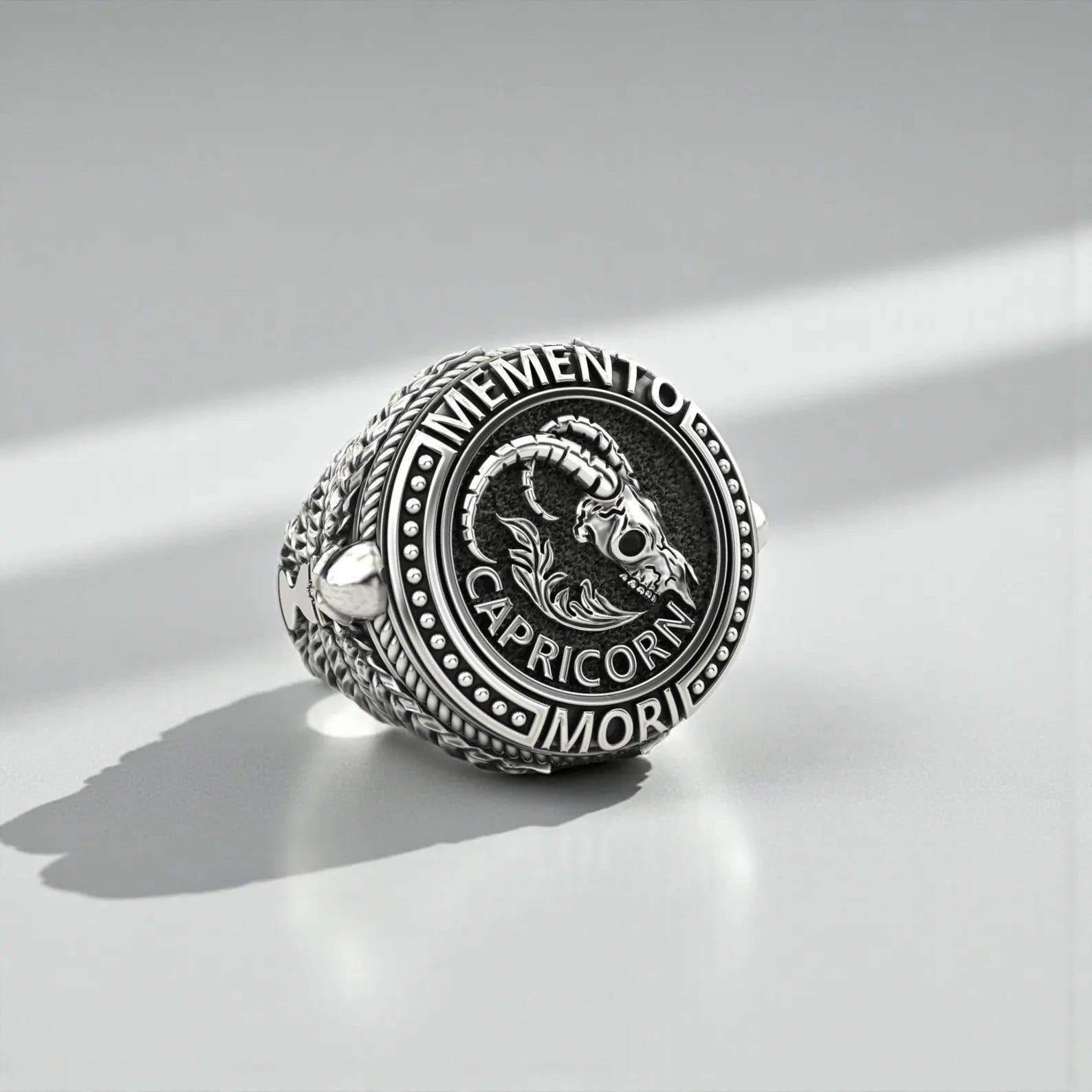 Premium sterling silver Capricorn skull ring designed for men who appreciate astrology symbolism, gothic aesthetics, and handcrafted statement jewelry.