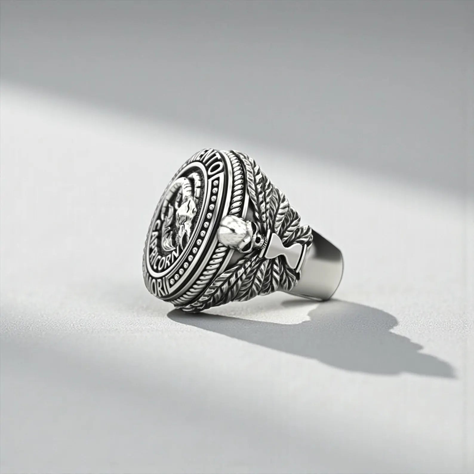 Artistic Memento Mori Capricorn goat skull ring crafted from solid sterling silver, blending zodiac meaning with strong gothic and biker aesthetics.