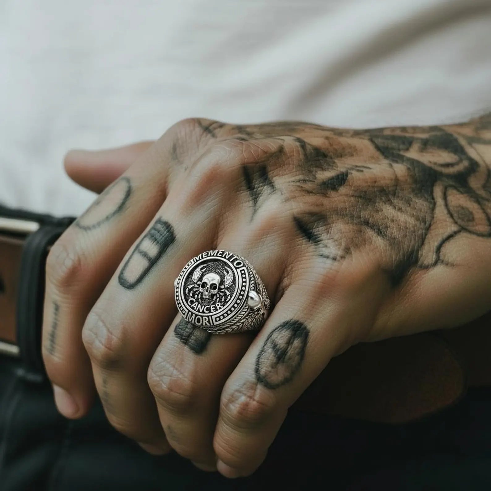 Men’s Cancer zodiac ring with skull design crafted in oxidized sterling silver, bold gothic astrology statement jewelry