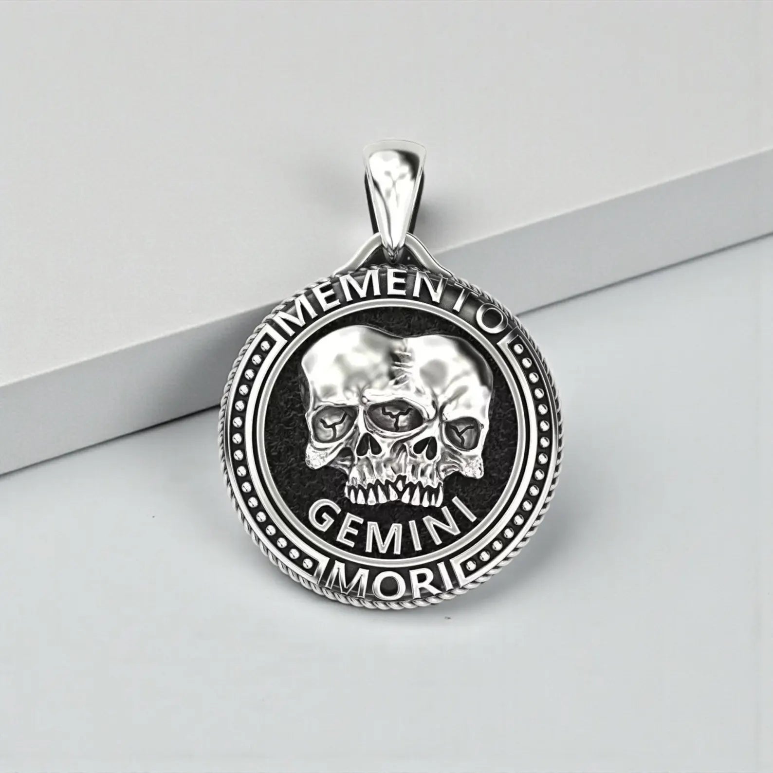 Gothic Zodiac Gemini pendant necklace crafted in 925 sterling silver, Memento Mori astrology jewelry featuring Gemini twins symbol