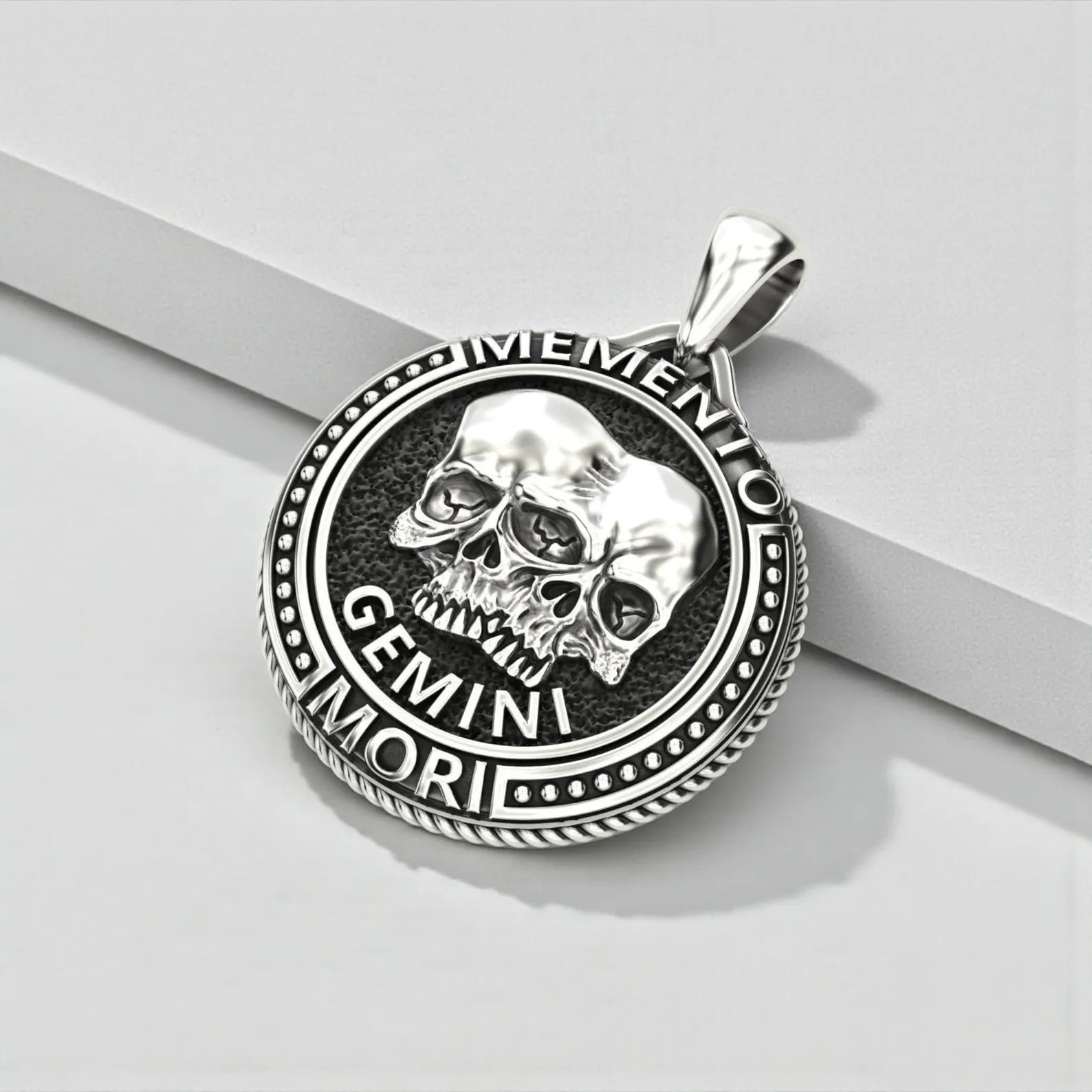 Memento Mori Zodiac Gemini pendant necklace in oxidized sterling silver, bold gothic statement jewelry inspired by astrology