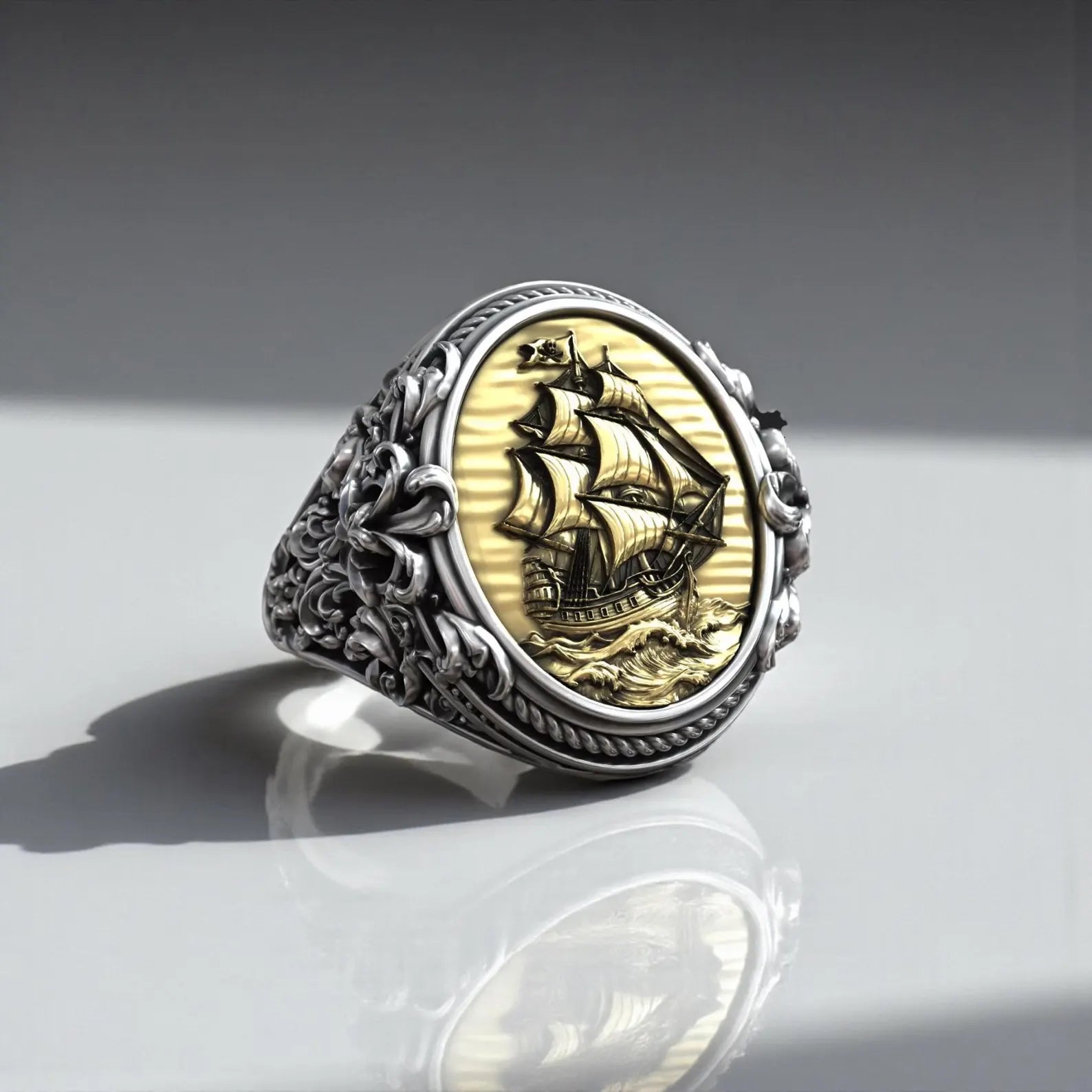 Baroque pirate ship sterling silver signet ring with gold accents for men, handcrafted nautical statement jewelry featuring oxidized finish, detailed maritime ship design, bold masculine style, and luxury craftsmanship