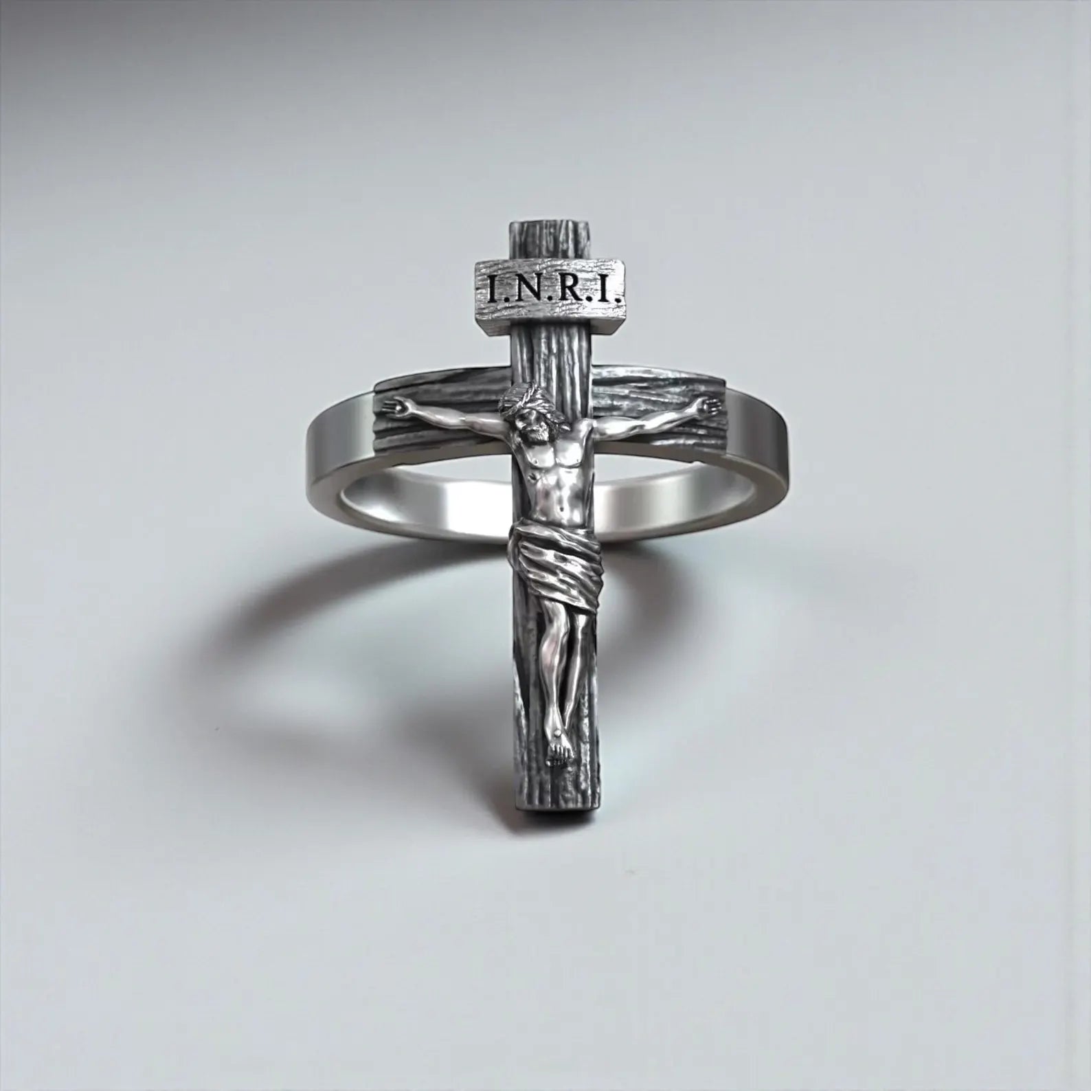 Jesus Christ Crucifix Cross Ring crafted from 925 sterling silver, featuring an INRI crucifix design with oxidized finish, handmade Christian religious ring for men and unisex faith-based jewelry lovers