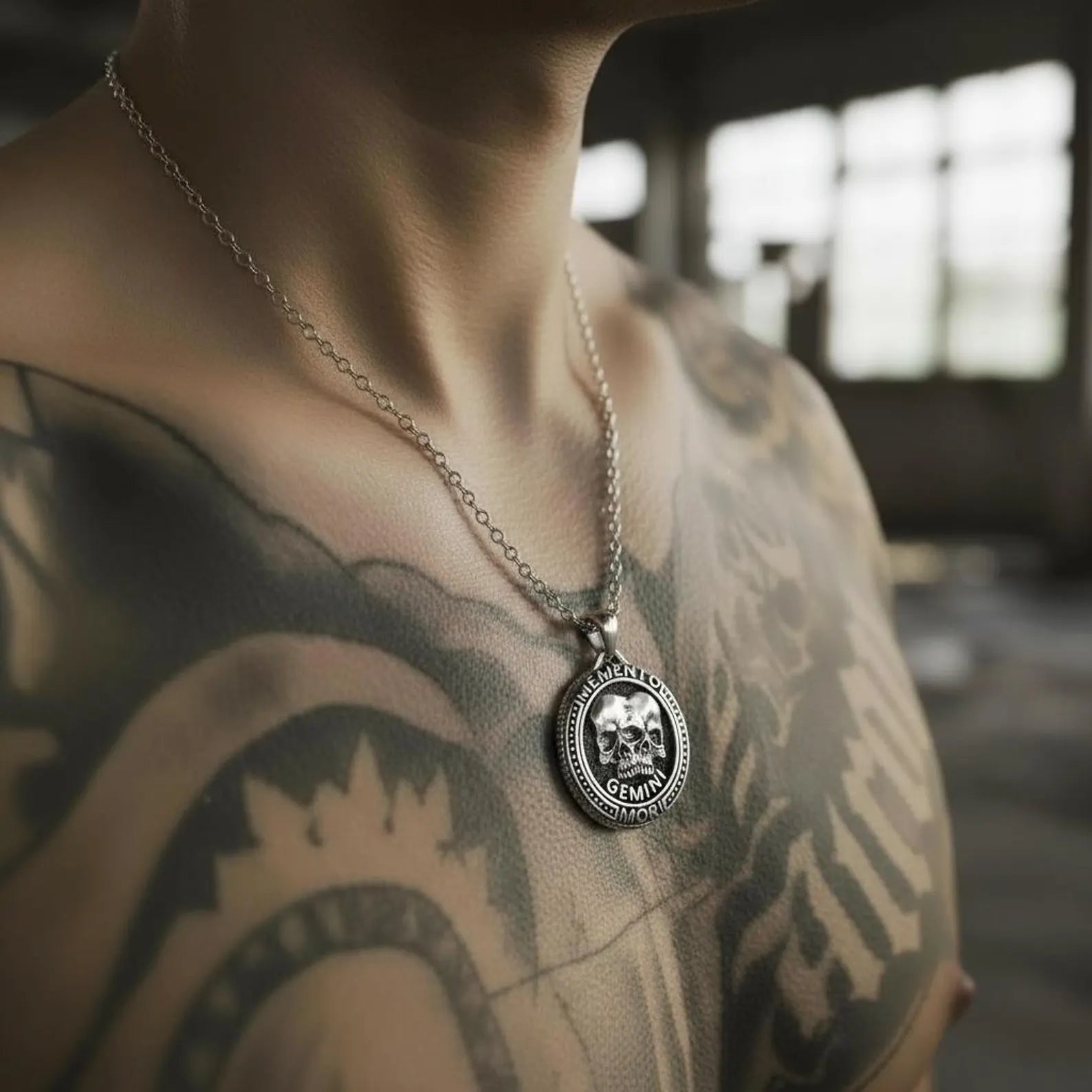 Sterling silver Zodiac Gemini necklace with twins symbol, dark gothic Memento Mori astrology statement pendant