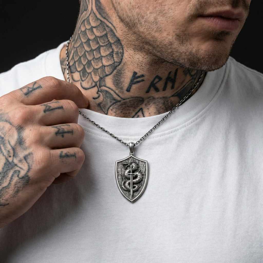 Sterling silver dragon serpent knight necklace for men oxidized medieval sword shield style pendant unique masculine gift for him