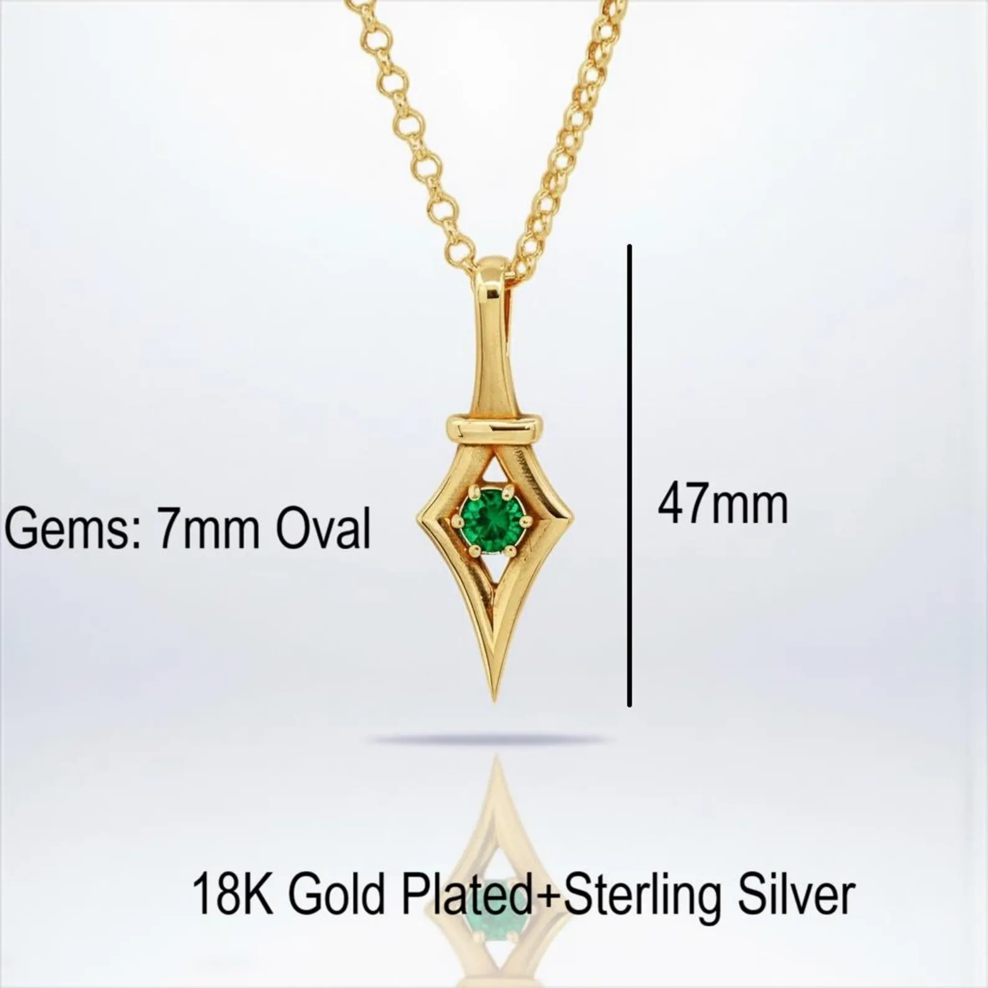 Luxury emerald gemstone pendant necklace inspired by Victorian gothic aesthetics, crafted from gold plated 925 sterling silver