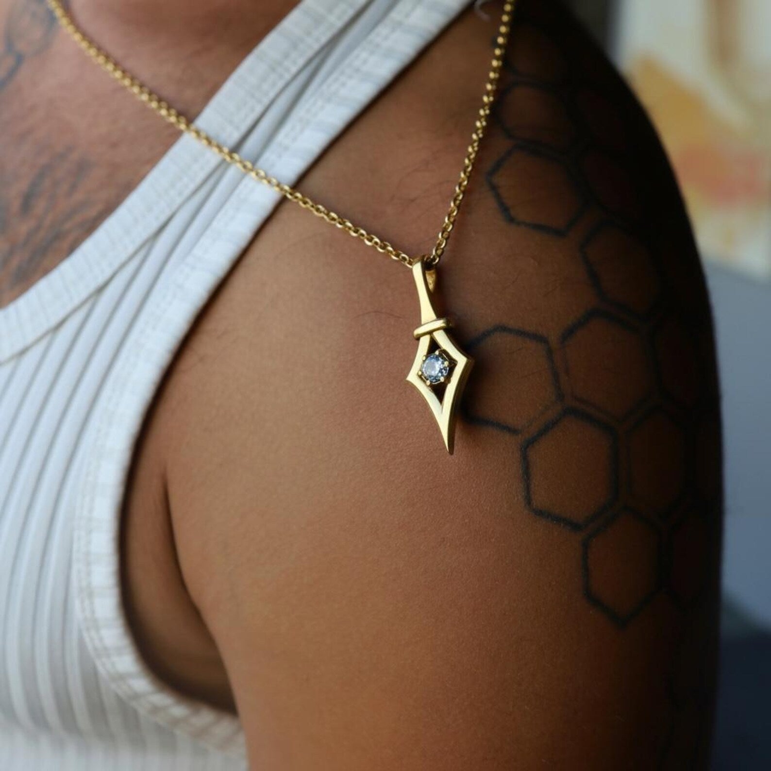 Aquamarine birthstone pendant necklace in gold plated sterling silver, handcrafted minimalist necklace designed for lovers of modern, clean, and refined jewelry style