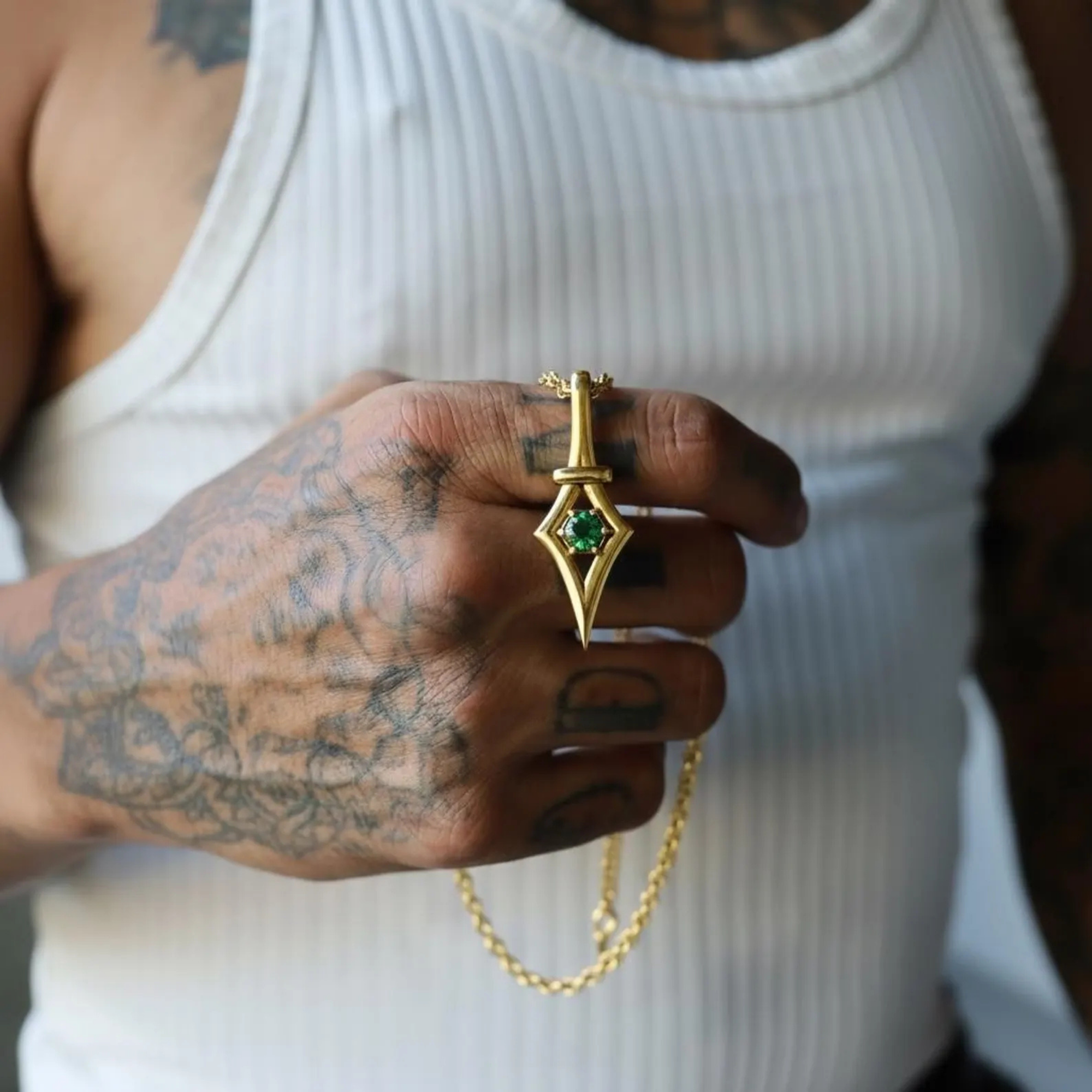 Handcrafted Victorian gothic emerald necklace featuring a 7mm emerald gemstone set in gold plated sterling silver pendant