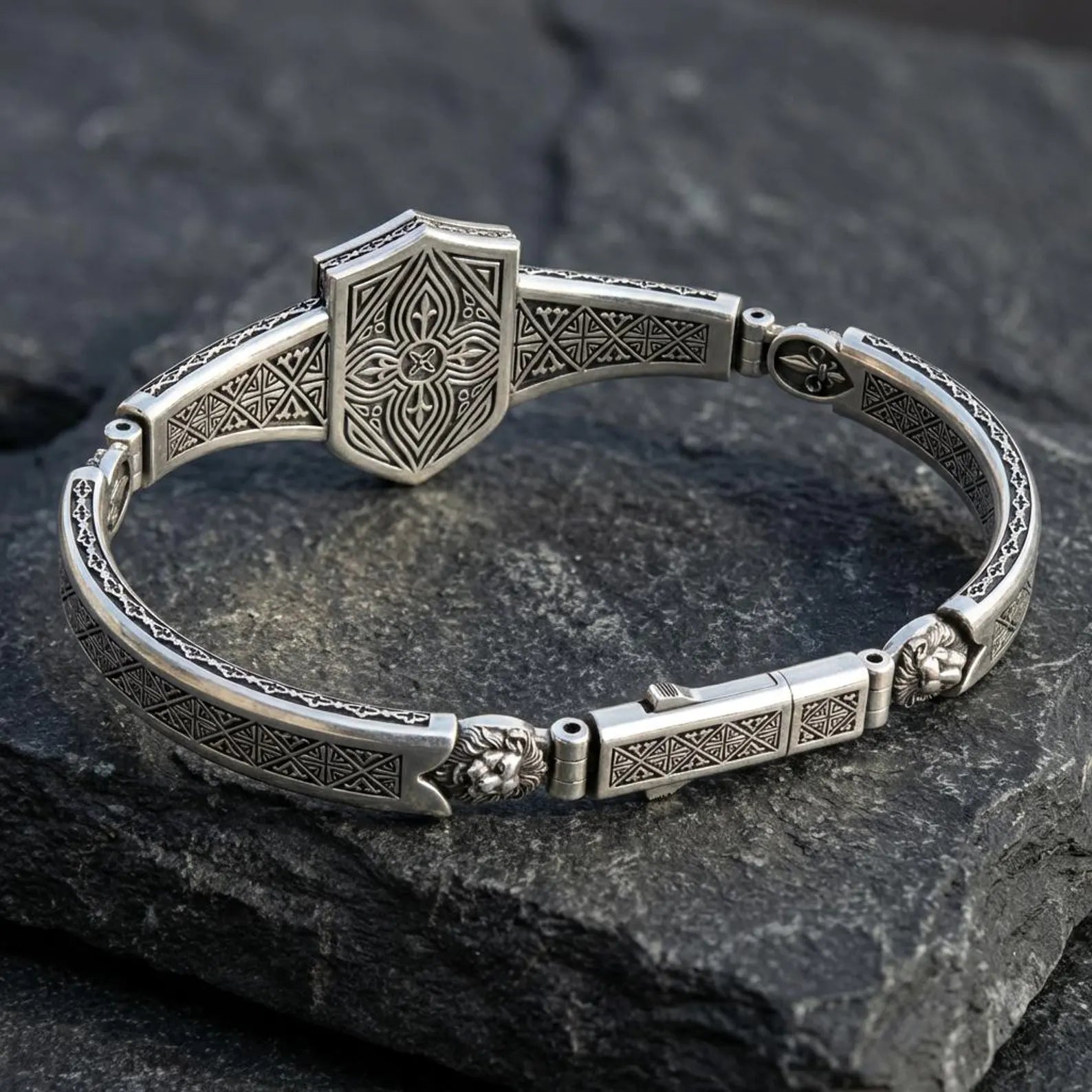 Unique mens Spartan bracelet featuring detailed lion head design in solid sterling silver, bold ancient warrior accessory