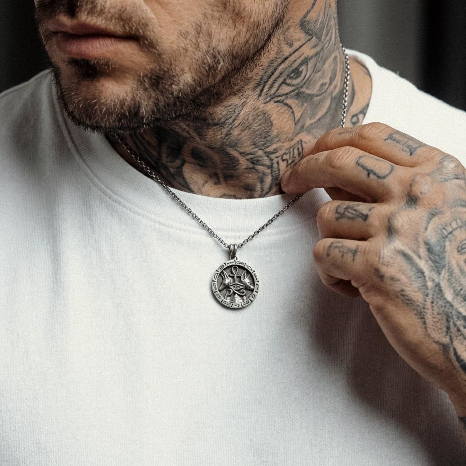 detailed egyptian mythology pendant necklace anubis guardian and bastet cat goddess symbolic masculine jewelry