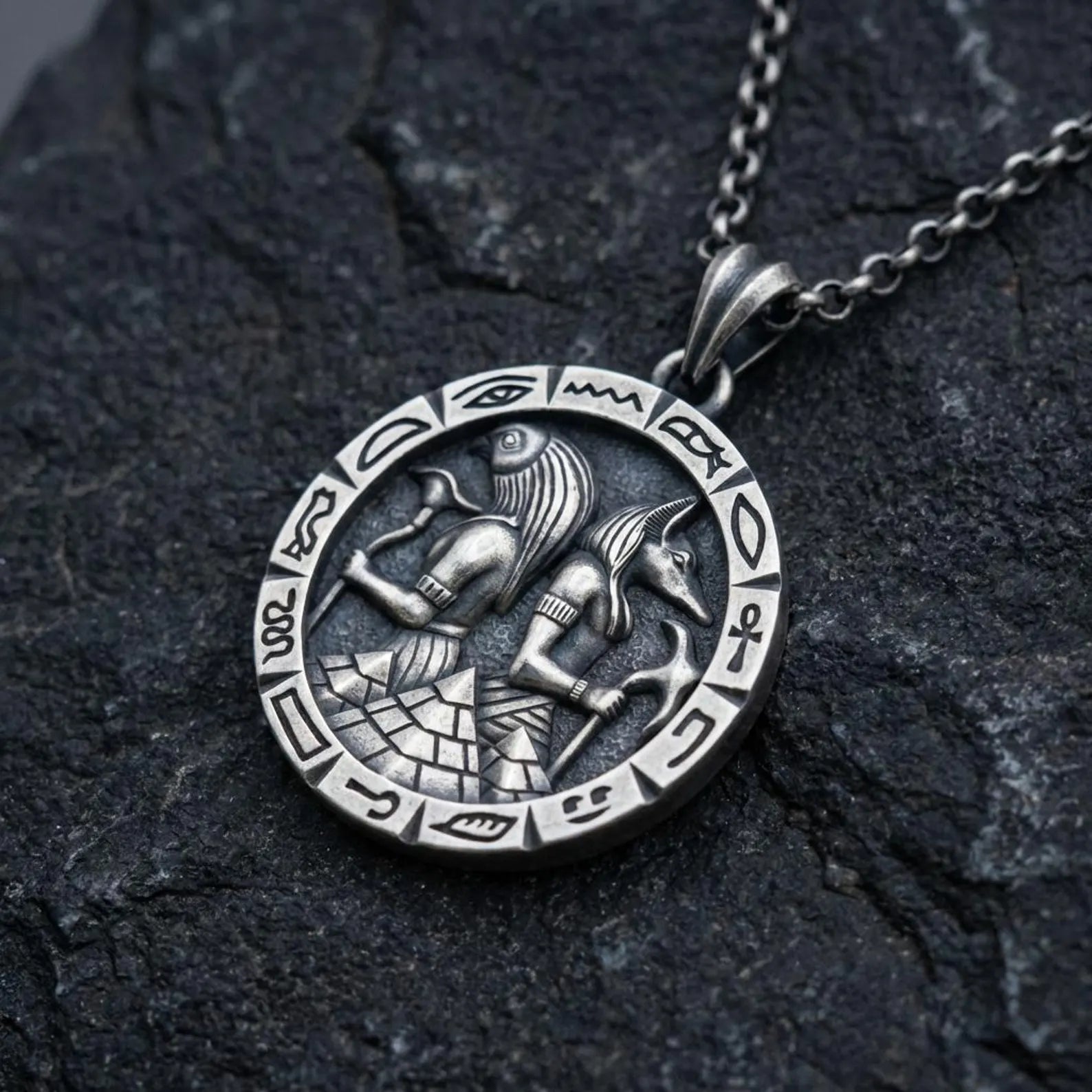 vintage inspired egyptian mythology necklace bold masculine anubis horus pendant handmade silver jewelry