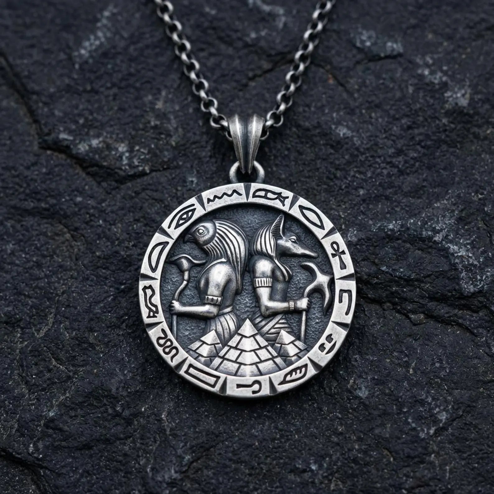 ancient egypt inspired anubis horus protection amulet necklace handmade sterling silver bold mens statement piece