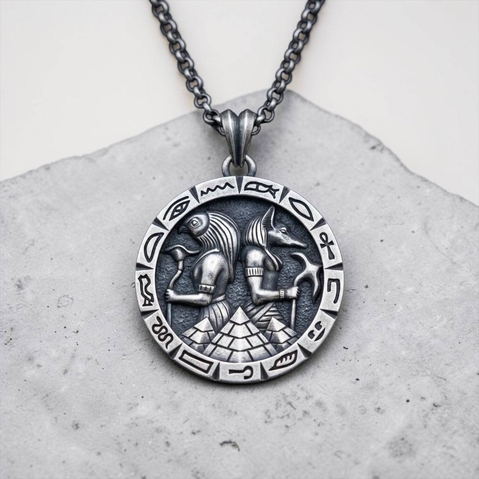 handcrafted anubis and horus sterling silver necklace egyptian mythology pendant bold masculine statement jewelry gift for him
