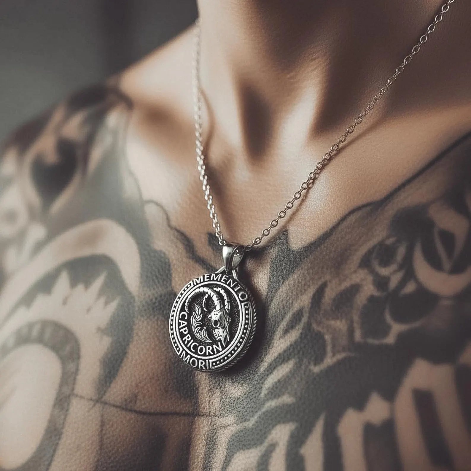 Memento Mori Capricorn Sea-Goat pendant featuring deep zodiac symbolism, handcrafted in sterling silver with dark gothic aesthetic and masculine fantasy style