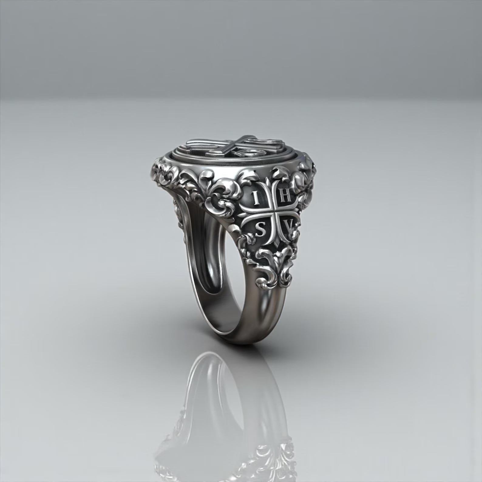 Vintage inspired Christian signet ring with Chi Rho and Alpha Omega symbols, handcrafted in sterling silver with dark gothic religious design and masculine elegance