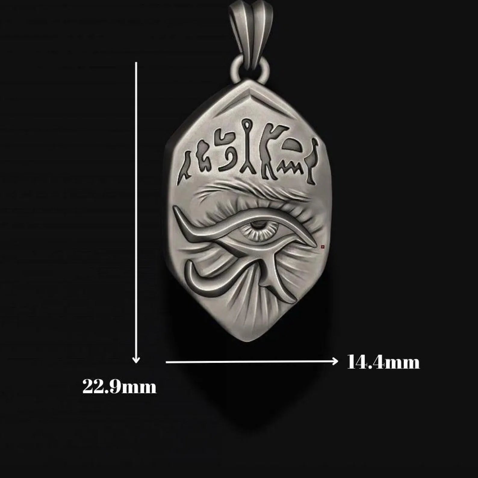 Detailed image of a silver Eye of Horus necklace, blending ancient protection symbols with modern elegance. Made for everyday wear or special occasions, this meaningful pendant can be personalized with engravings to create a one-of-a-kind keepsake rooted in Egyptian tradition and handmade artistry.