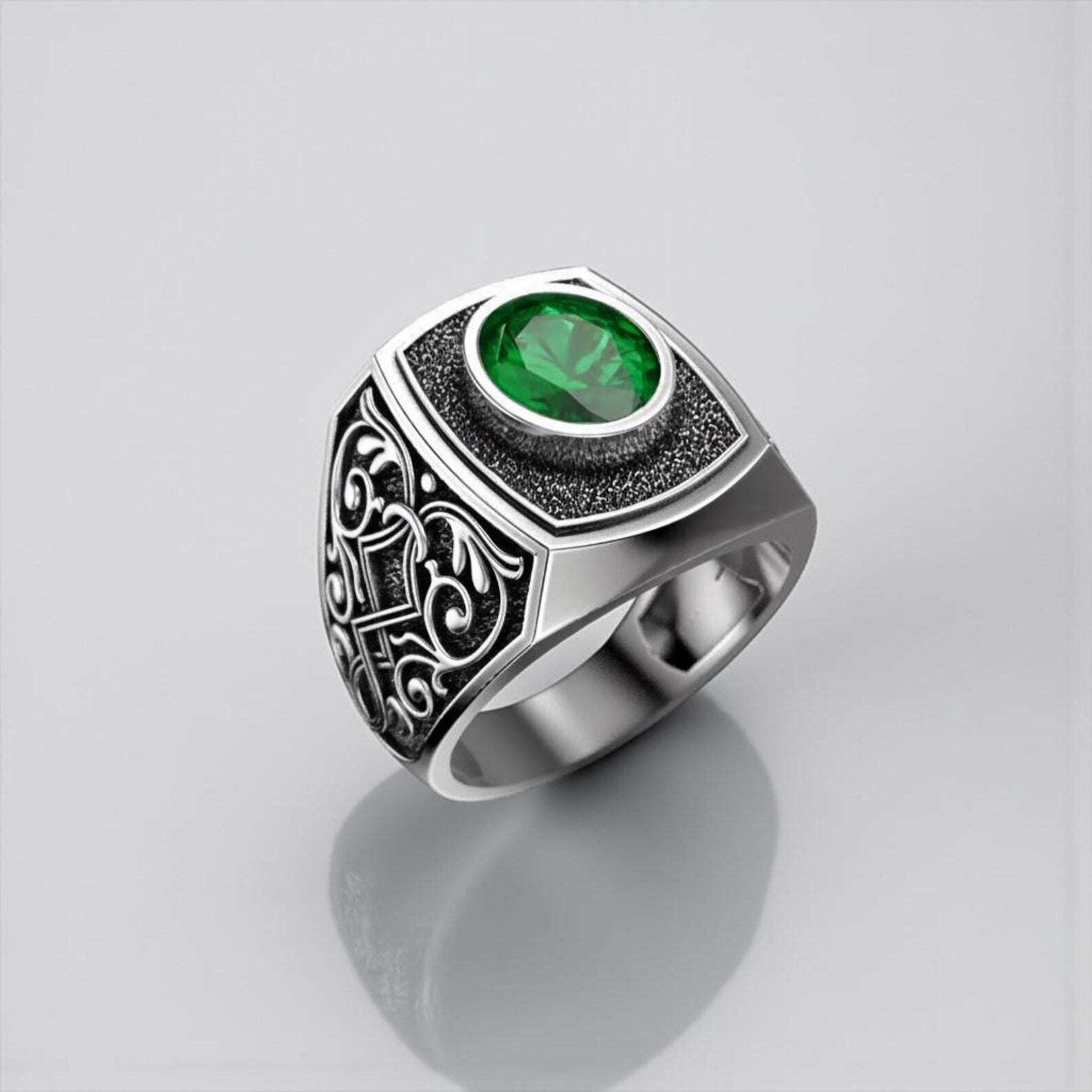 Emerald gemstone birthstone ring for men in Victorian gothic style, handcrafted sterling silver signet ring with vintage engravings