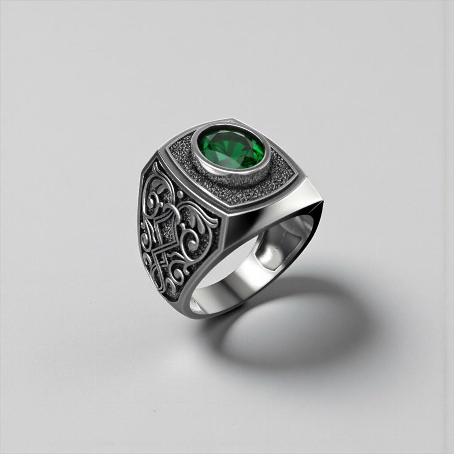 Bold Victorian gothic ring for men with emerald gemstone, oxidized sterling silver signet ring with vintage baroque patterns