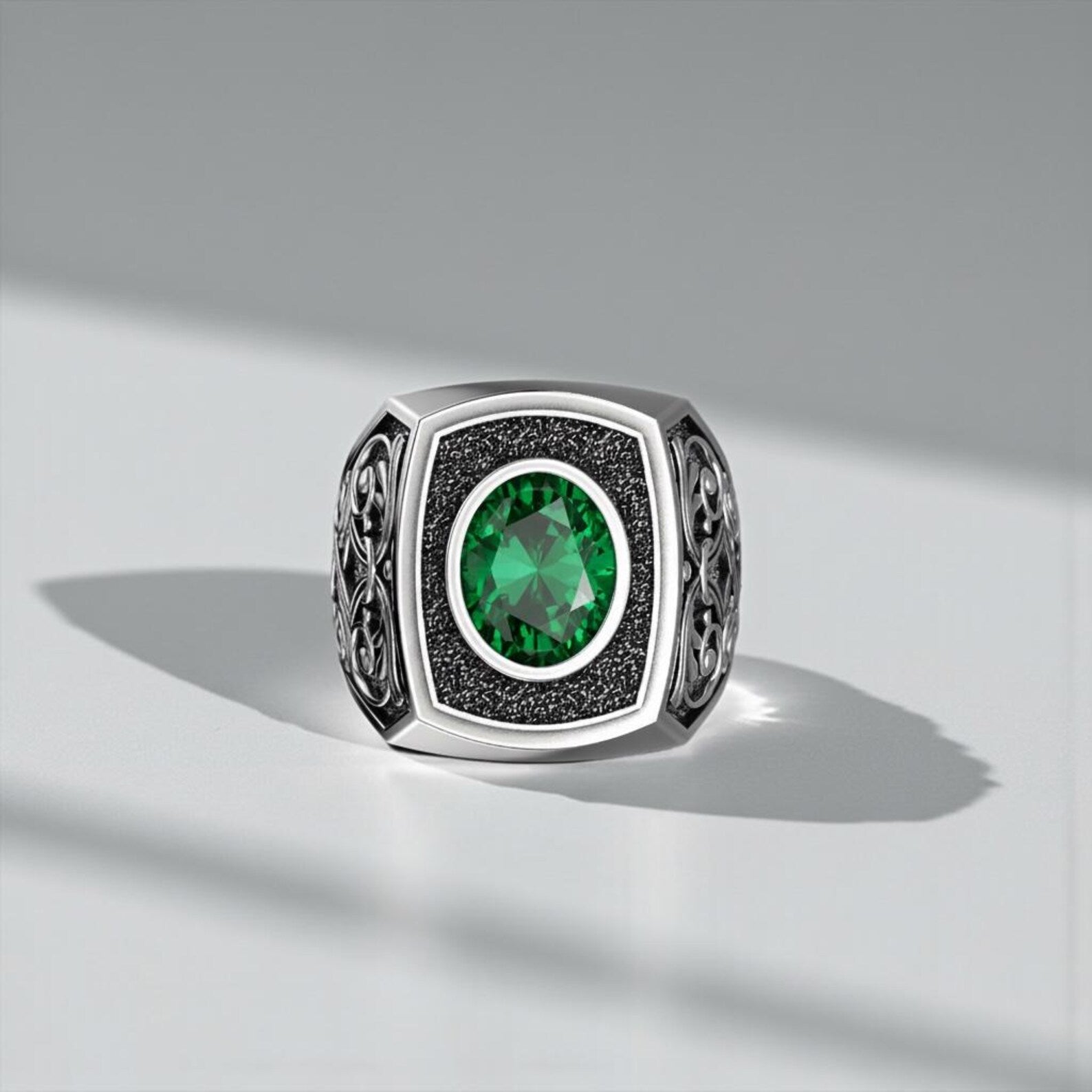 Victorian Gothic emerald gemstone signet ring for men handcrafted from 925 sterling silver with baroque engraved dark aesthetic design