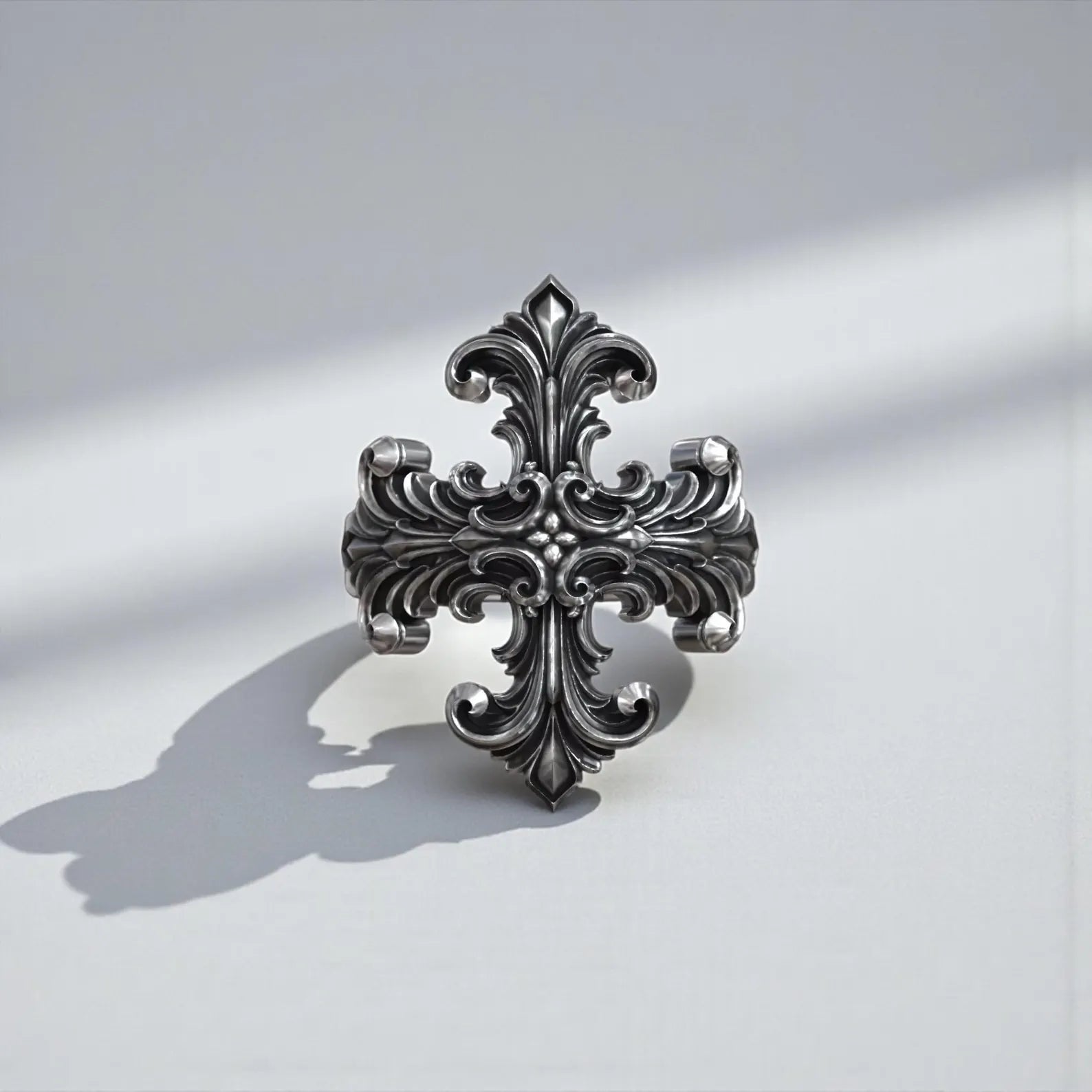 Statement men’s religious ring featuring a hand engraved baroque cross in premium 925 sterling silver