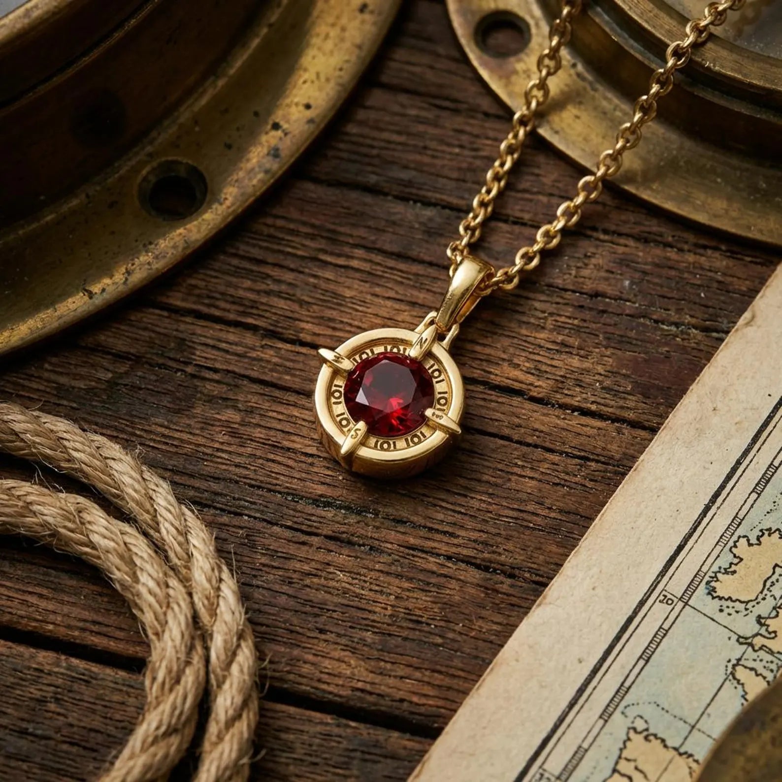 Gold plated nautical compass pendant necklace with natural garnet gemstone close-up, handcrafted 925 sterling silver birthstone jewelry.