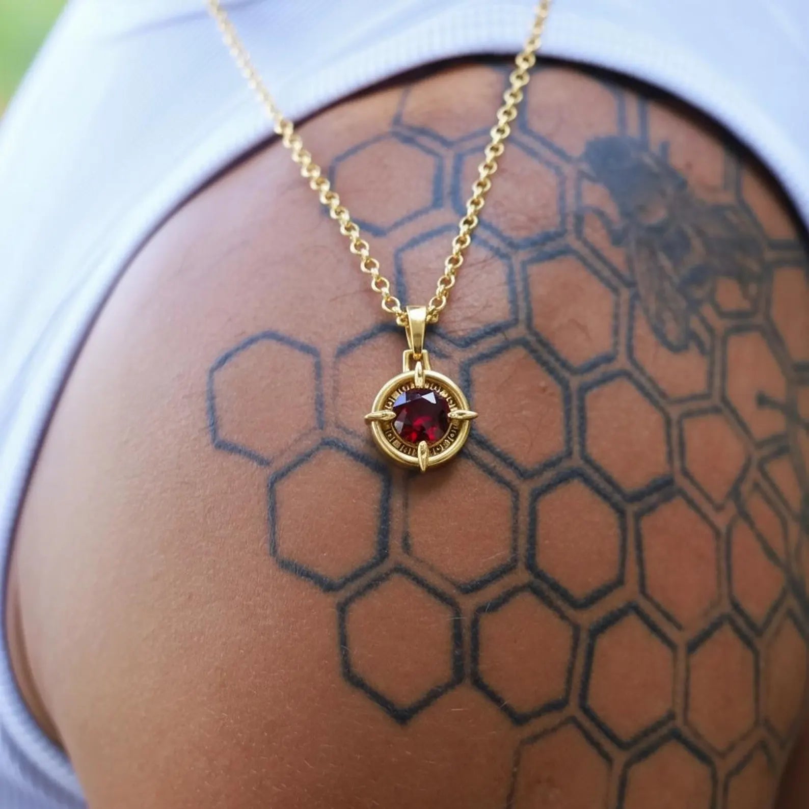 Handmade gold plated compass pendant with red garnet gemstone, unique nautical jewelry gift for boyfriend or husband.