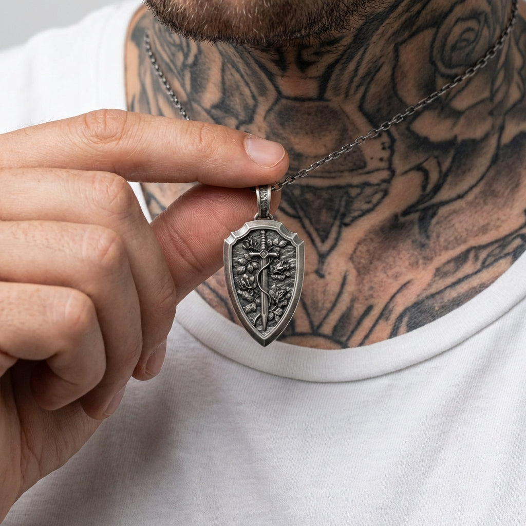Handmade oxidized sterling silver sword and shield necklace for men gothic medieval armor inspired pendant strong masculine fashion accessory
