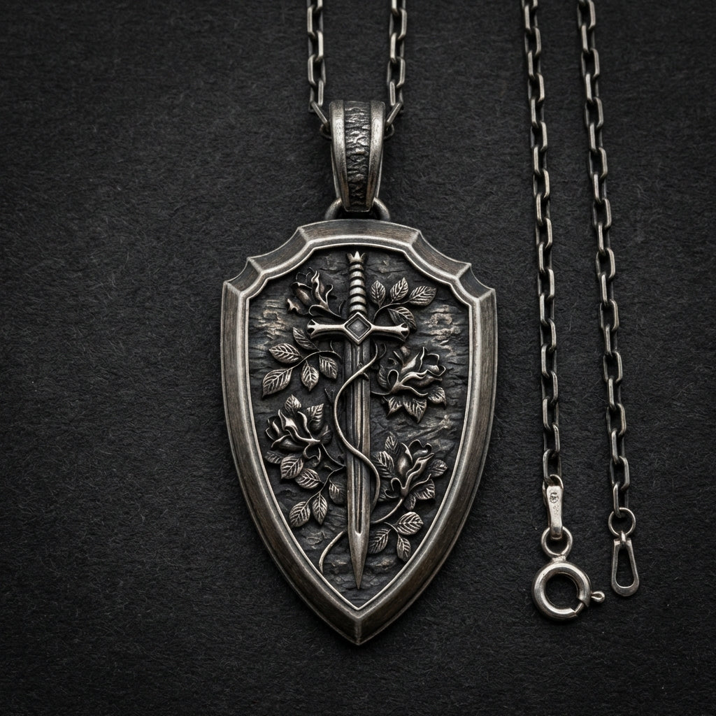 Bold masculine gothic shield necklace with sword motif handmade sterling silver medieval inspired pendant unique anniversary birthday gift for husband boyfriend