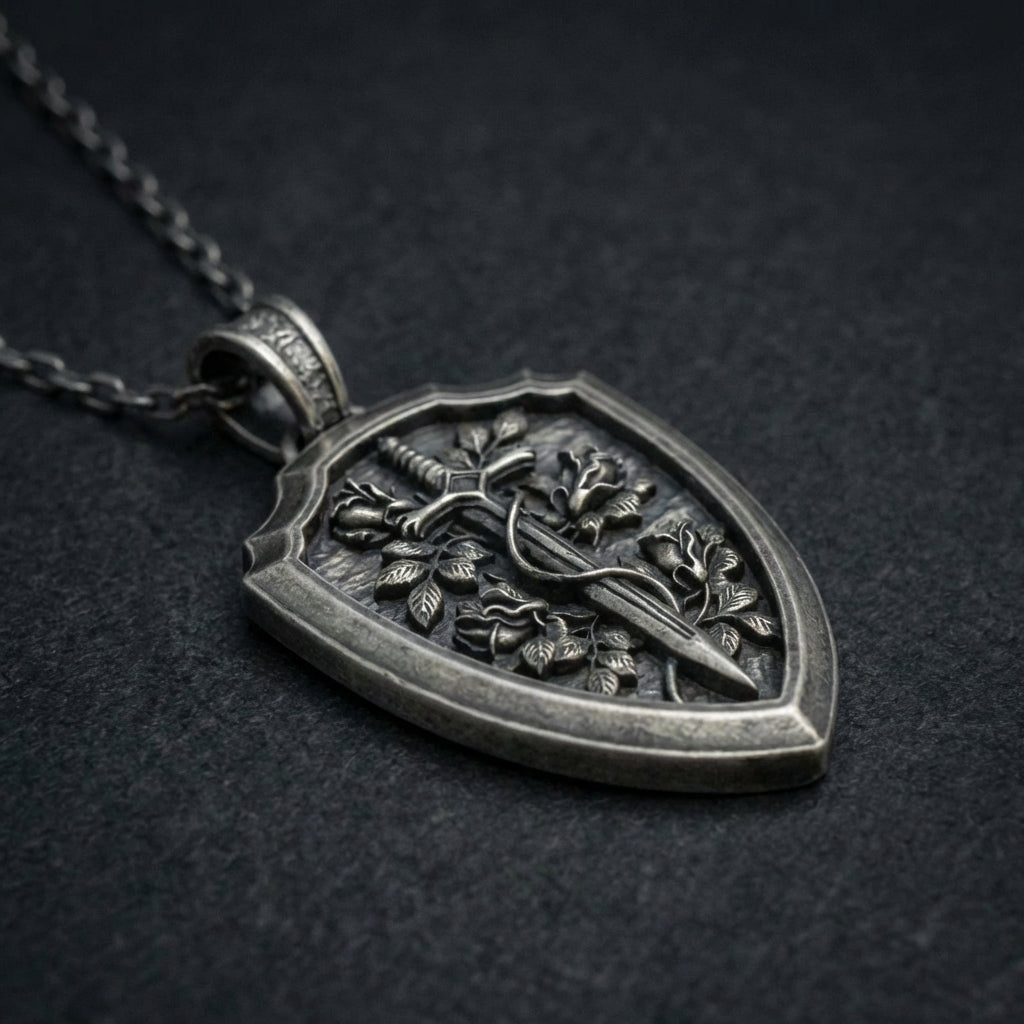 Sterling silver gothic sword shield pendant for men medieval knight inspired necklace with detailed engravings bold masculine jewelry collectible gift idea