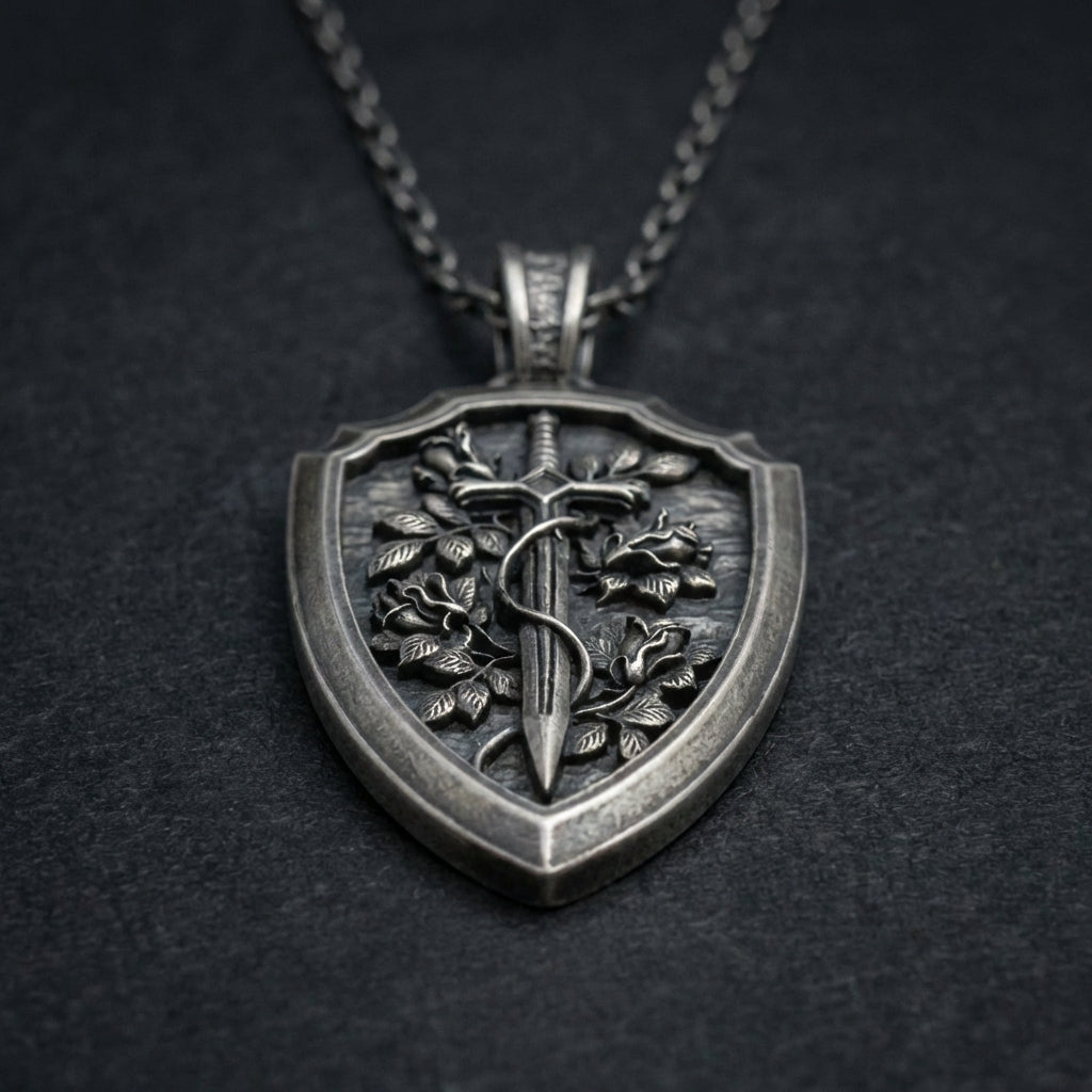 Men’s gothic sword shield pendant necklace in 925 sterling silver vintage medieval warrior jewelry with matte oxidized finish unique masculine style