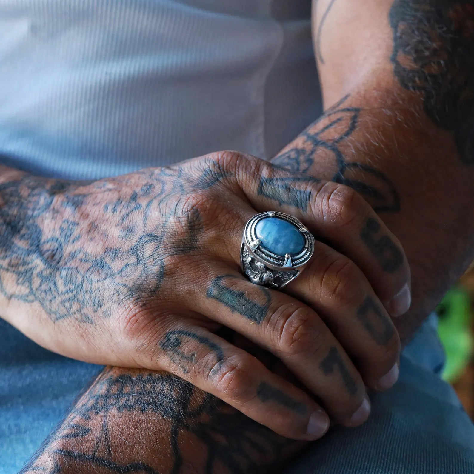 Unique Viking wolf ring crafted from solid sterling silver with a sky-blue aquamarine stone centerpiece. Inspired by Norse mythology and ancient warrior traditions, this handmade men’s ring features detailed wolf carvings symbolizing power, loyalty, and protection. A perfect gift for boyfriend, husband, or Viking jewelry collectors.