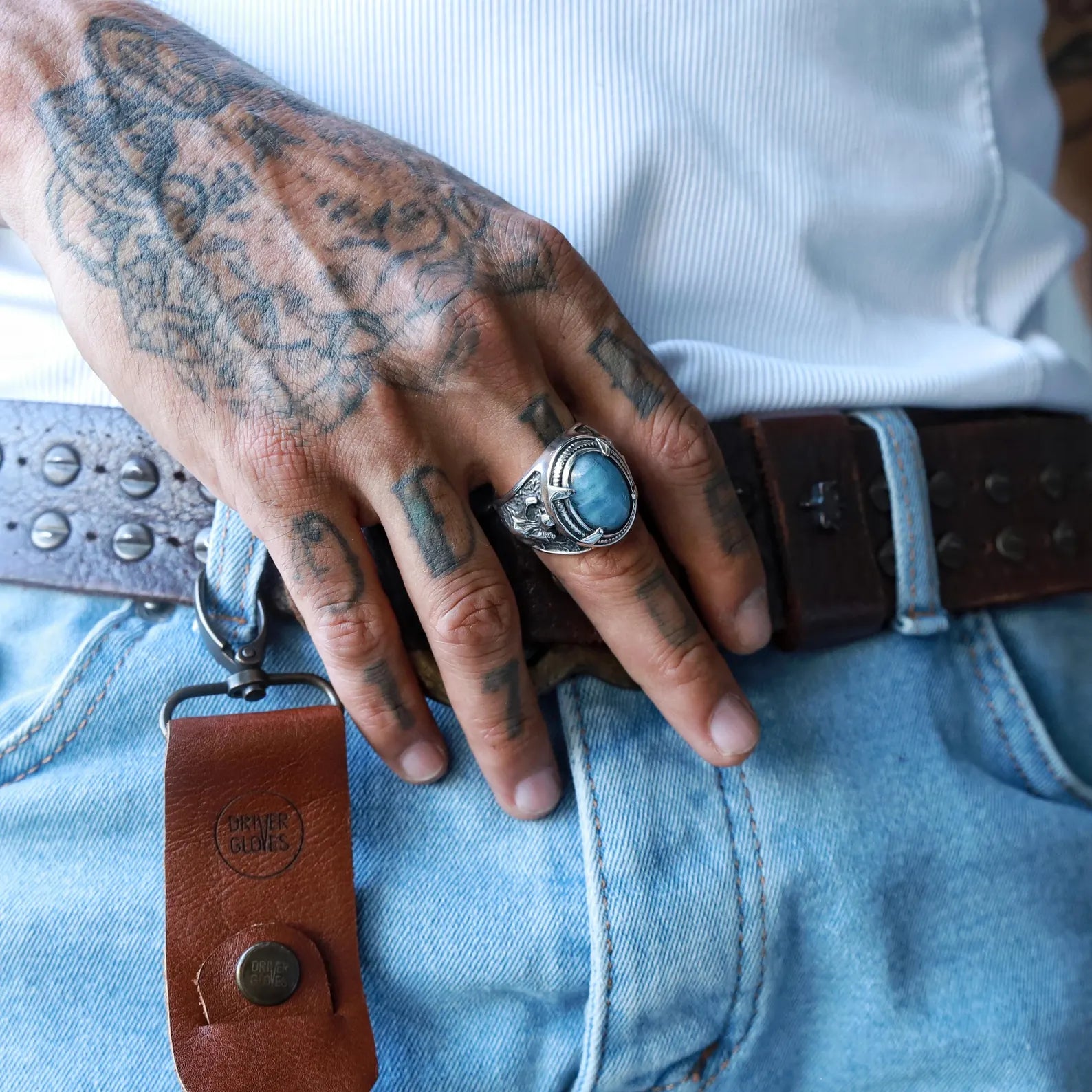 Viking Norse mythology wolf ring for men, handcrafted from sterling silver and set with a natural aquamarine gemstone. The detailed wolf head design represents loyalty and warrior spirit, making it a symbolic jewelry piece. This unique men’s ring is a perfect personalized gift for him, whether gothic, biker, or Nordic-inspired style.