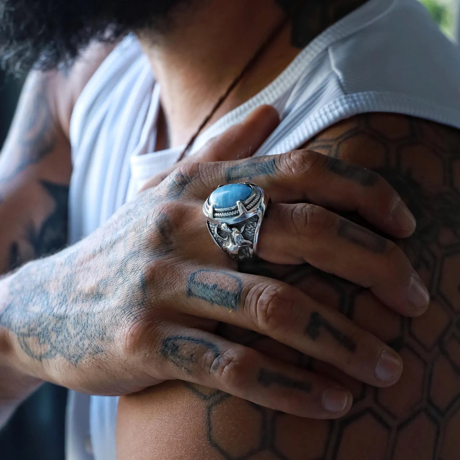 Bold Viking wolf head men’s ring with aquamarine gemstone, handmade from solid sterling silver. Inspired by Norse mythology and warrior culture, this ring embodies strength, protection, and masculinity. A unique jewelry piece for men seeking Viking style accessories, ideal as a birthday gift, anniversary gift, or statement fashion ring.