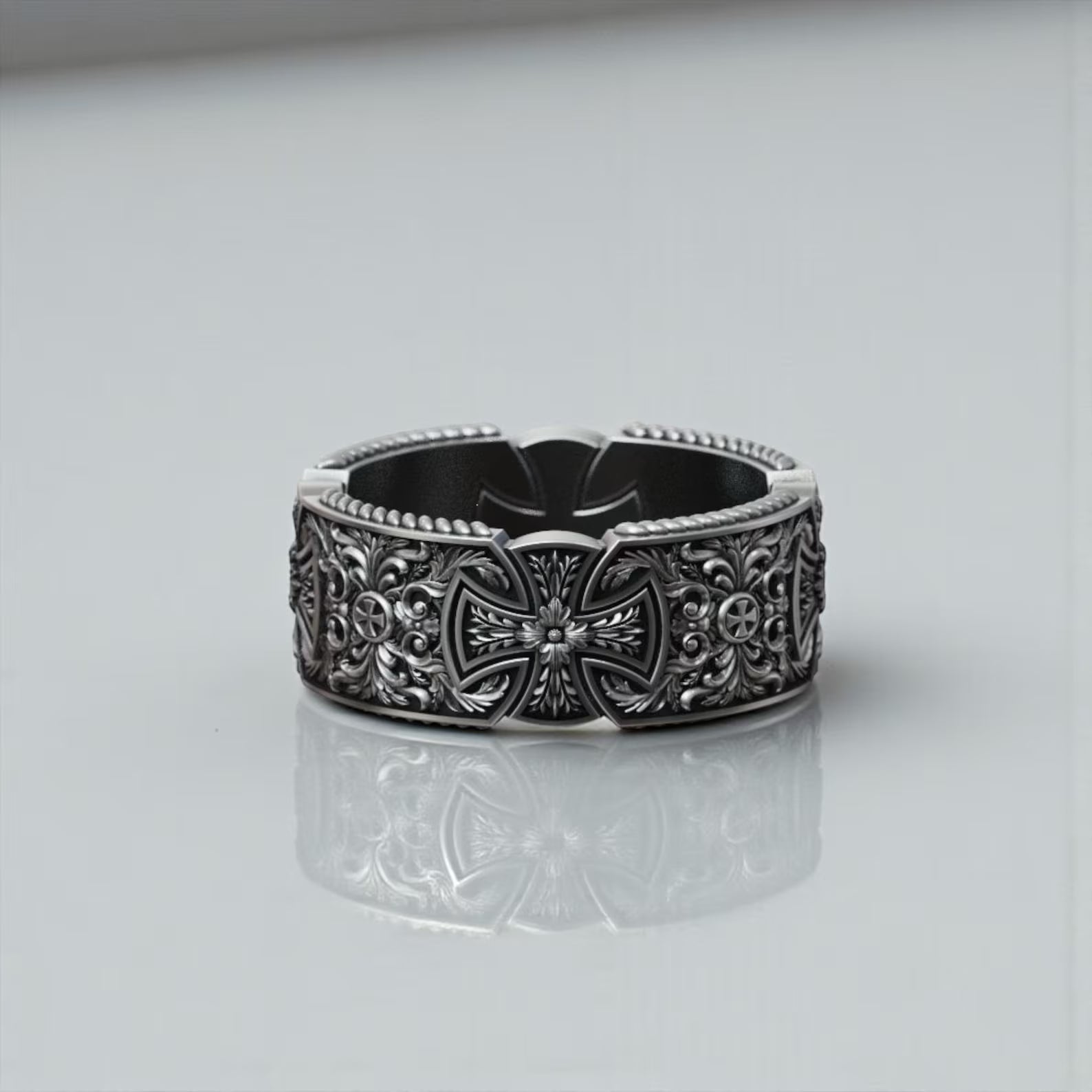 Bold masculine Maltese cross ring for men oxidized sterling silver knight templar inspired Christian statement band jewelry