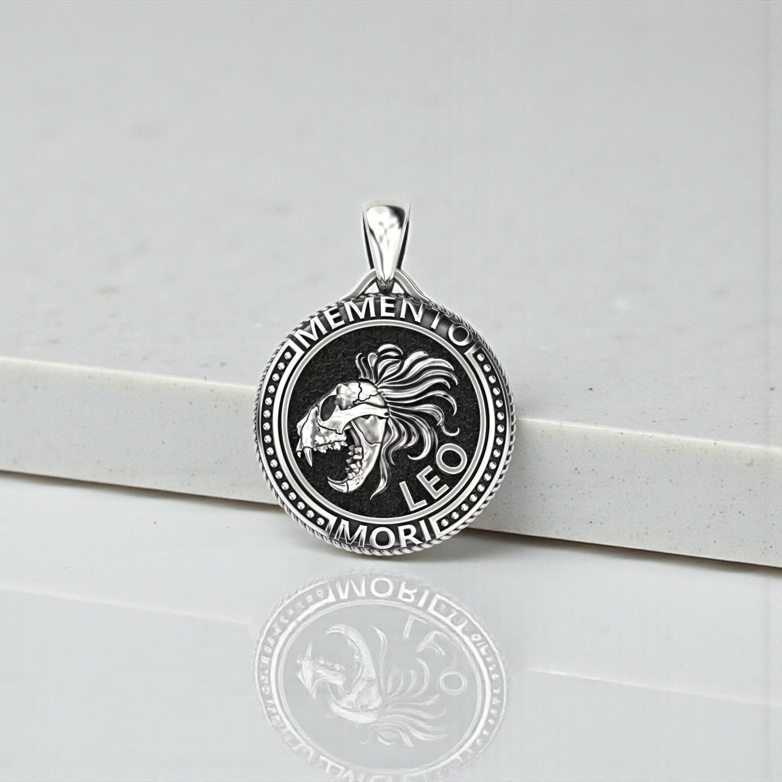 Gothic Leo Zodiac Pendant Necklace crafted from 925 sterling silver, featuring a detailed Memento Mori lion symbol with oxidized gothic finish, masculine zodiac jewelry for men and unisex wear.