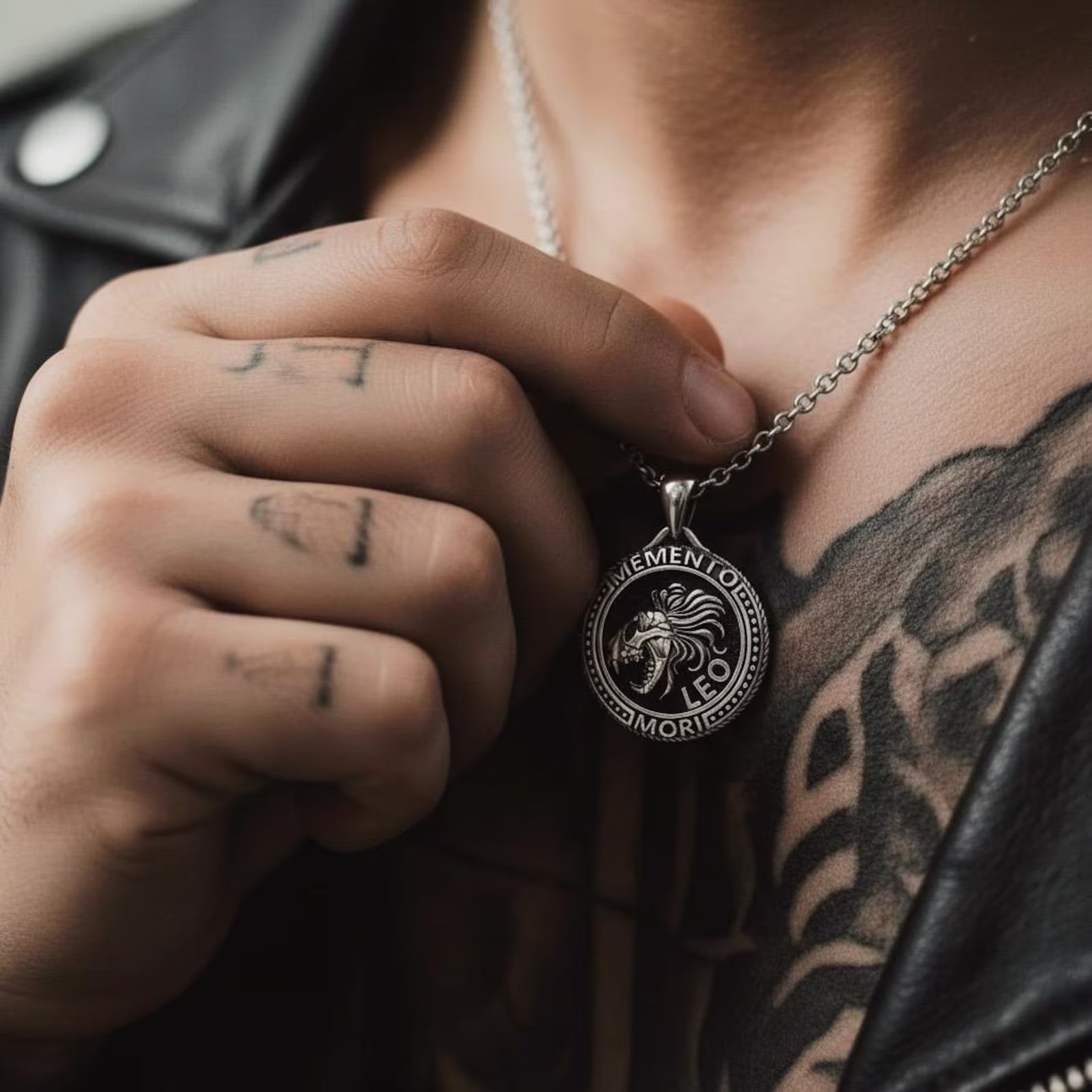 Sterling silver Gothic Leo zodiac pendant necklace with Memento Mori lion design, handcrafted statement jewelry representing strength, courage, leadership, and astrology symbolism.