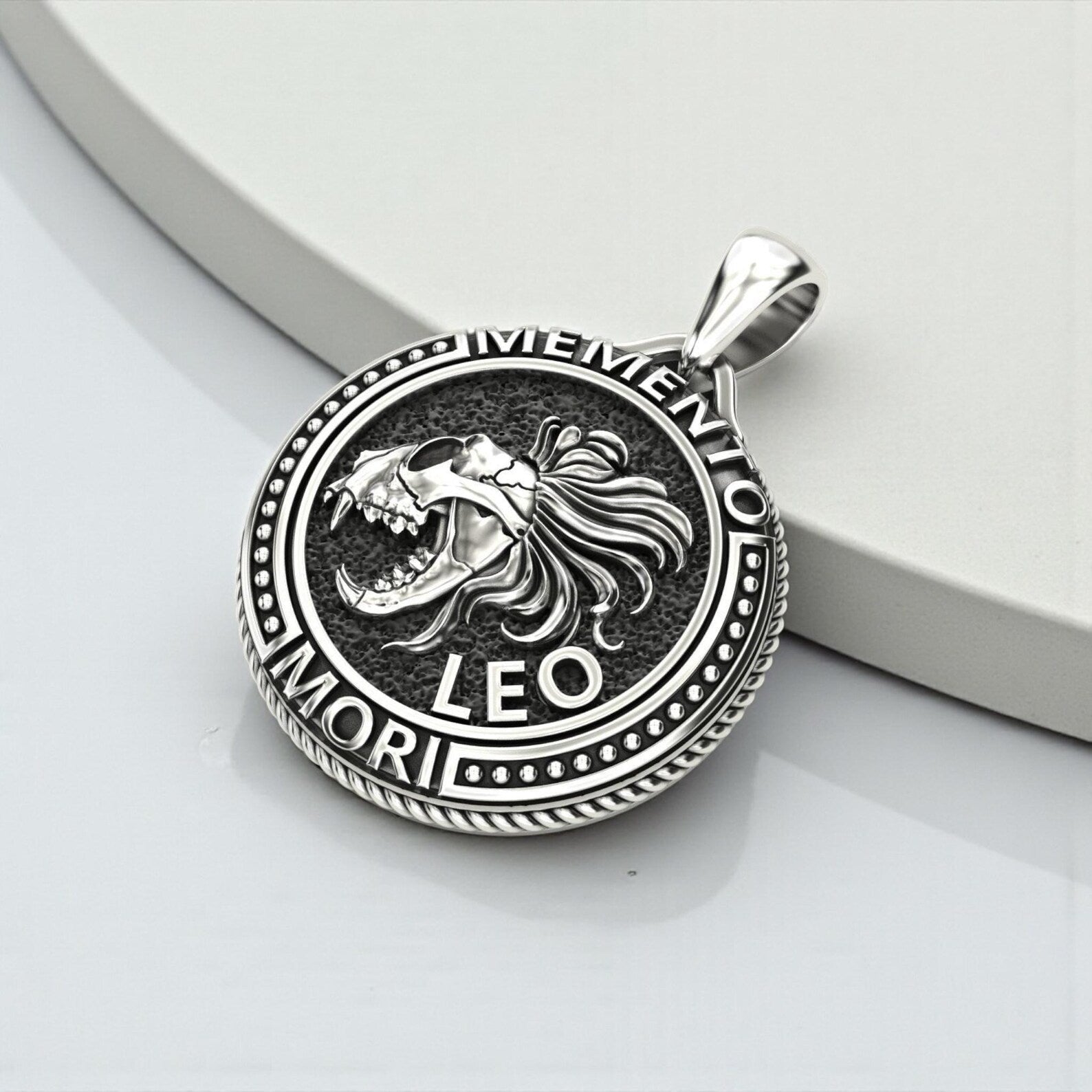 Leo zodiac lion pendant necklace in 925 sterling silver, dark gothic aesthetic with oxidized finish, bold biker-style jewelry inspired by Memento Mori philosophy.