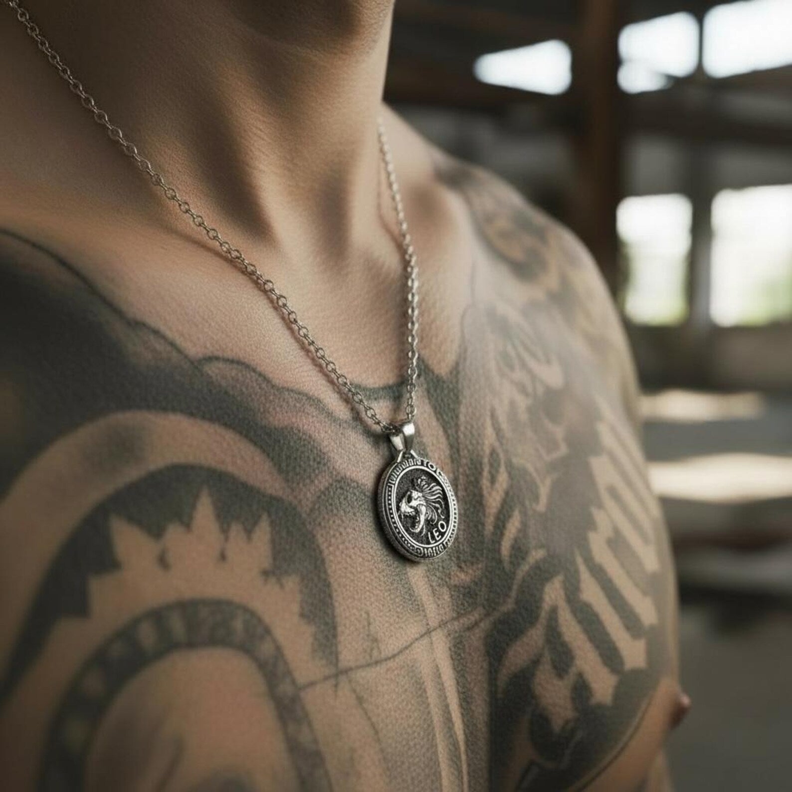 Handcrafted Gothic Leo necklace for men, featuring a powerful lion zodiac symbol in sterling silver, spiritual astrology jewelry with masculine and gothic character.