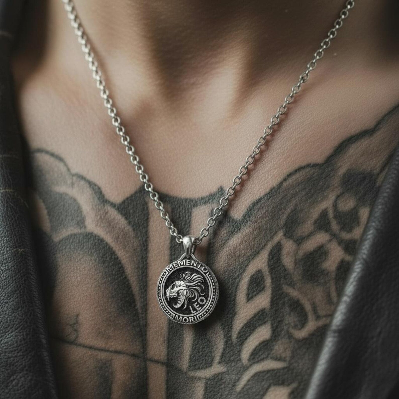 Gothic zodiac jewelry necklace with Leo lion charm, handcrafted sterling silver pendant designed for astrology lovers, collectors, and statement jewelry enthusiasts.