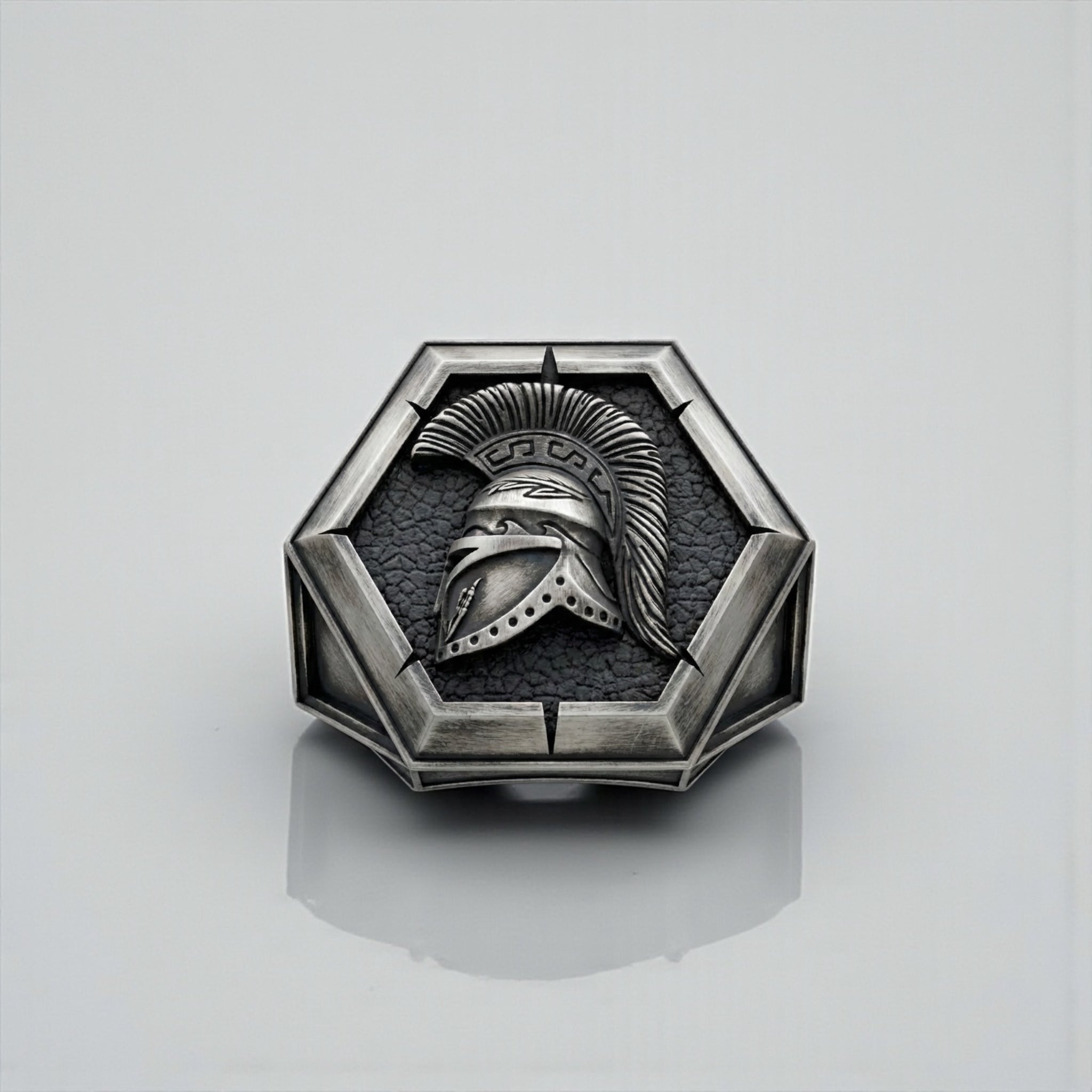 Handcrafted Spartan helmet ring for men in solid sterling silver, bold ancient Greek warrior signet ring with oxidized vintage finish, masculine mythology statement jewelry gift