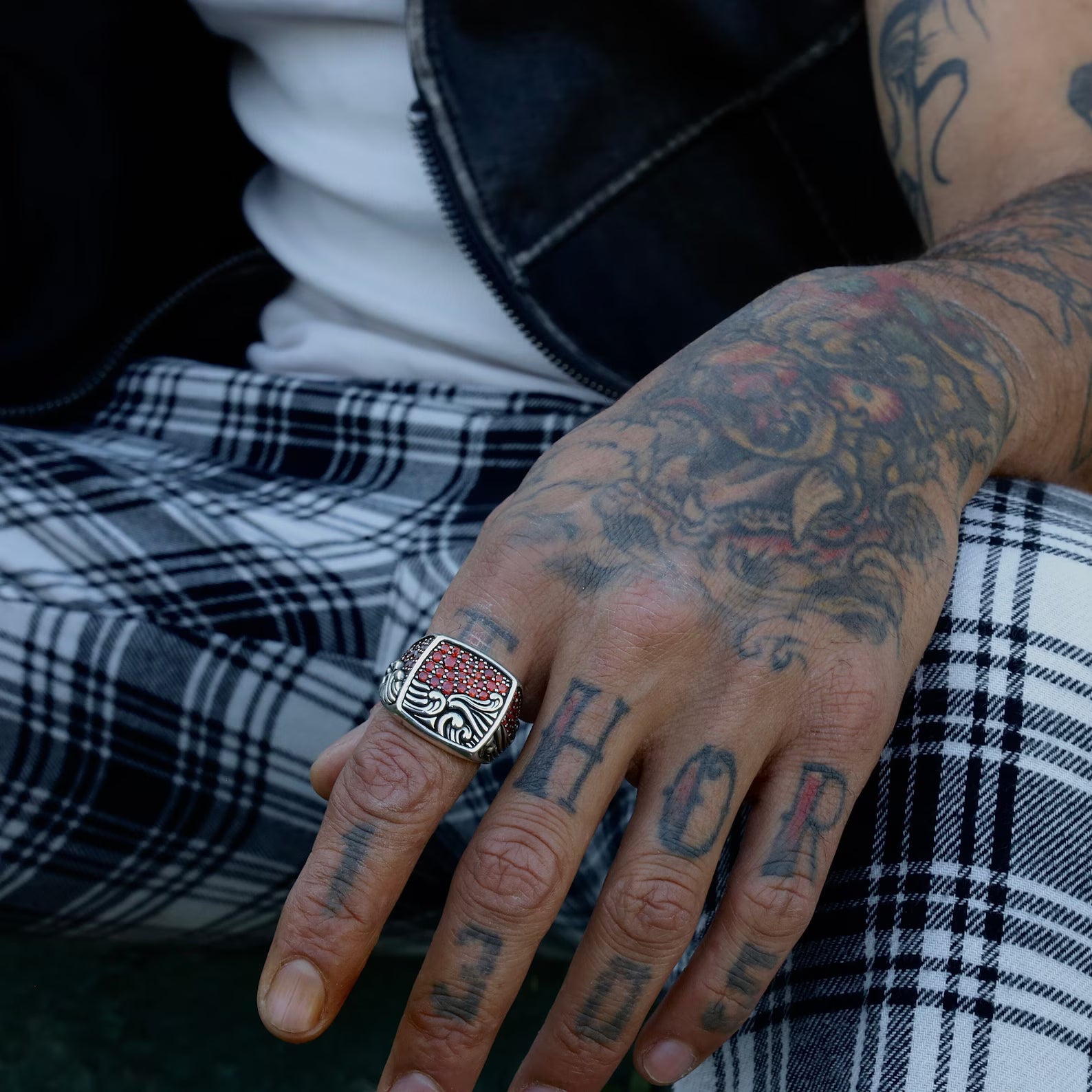 Side profile of the handcrafted red ruby nautical ring, emphasizing the dimensional wave engravings and lustrous gemstone. Ideal for gift listings targeting stylish anniversary presents for husband, boyfriend, or coastal enthusiast.