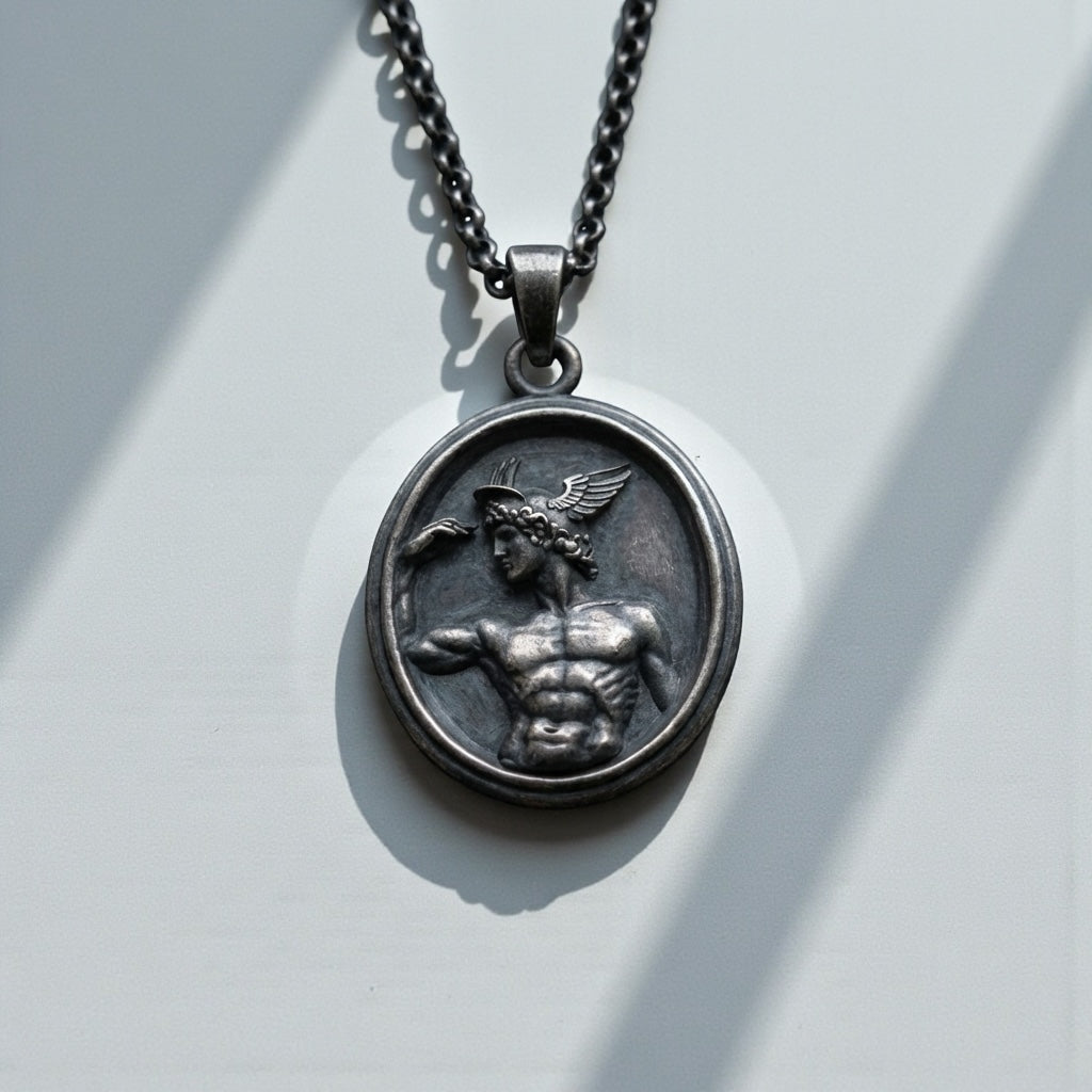 Handcrafted mythology inspired Hermes pendant necklace for men made from solid sterling silver featuring detailed Greek god engraving bold masculine statement jewelry