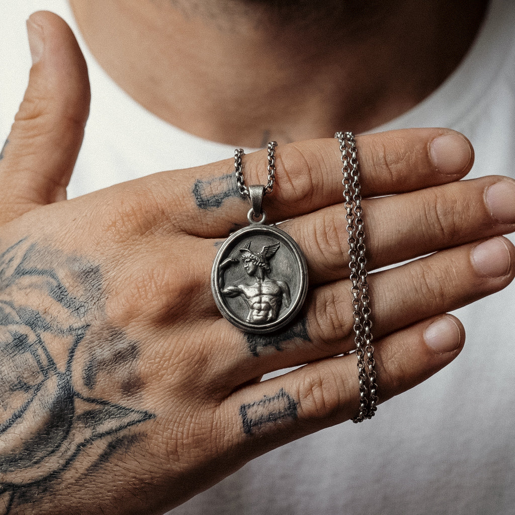 Vintage style Greek god Hermes necklace for men solid sterling silver mythological pendant with detailed ancient engraving statement jewelry piece