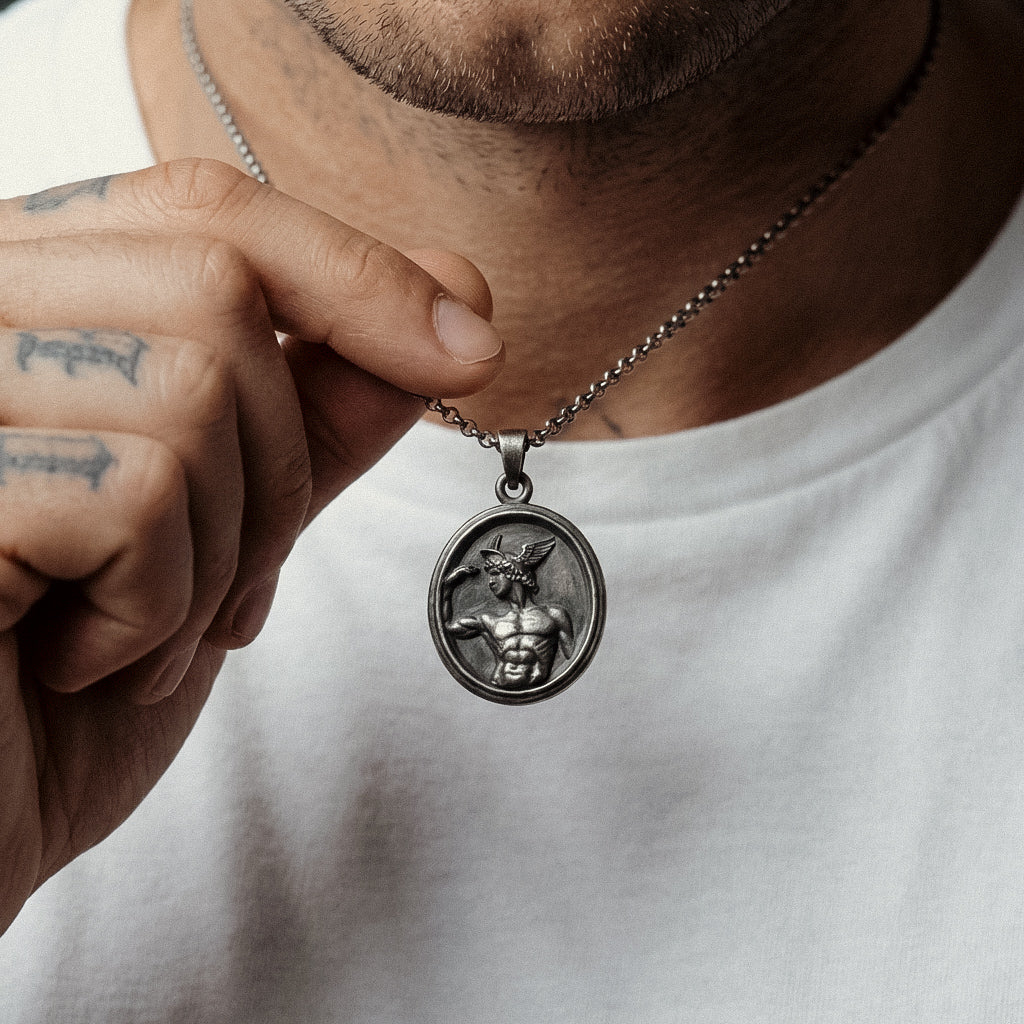 Detailed Hermes Greek mythology pendant necklace for men in solid sterling silver bold antique style masculine jewelry gift for him