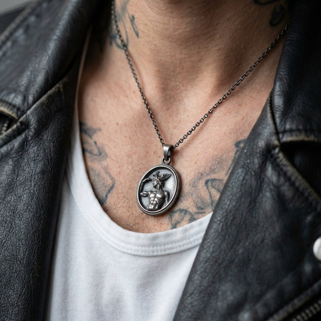 Sterling silver Hermes Greek god necklace for men with oxidized vintage finish mythological messenger pendant unique gift for mythology lovers