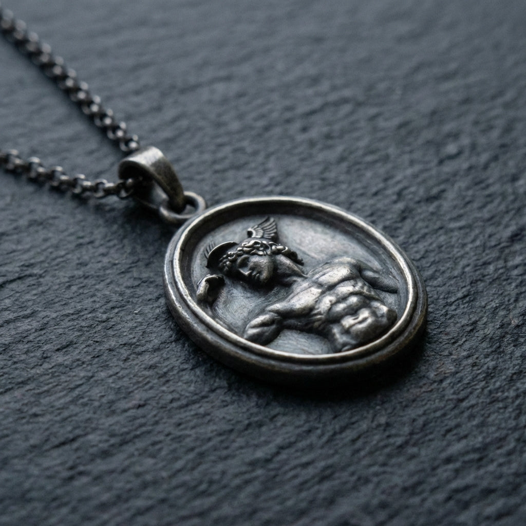 Handmade sterling silver Hermes necklace featuring Greek god messenger design vintage oxidized finish powerful mythological statement pendant