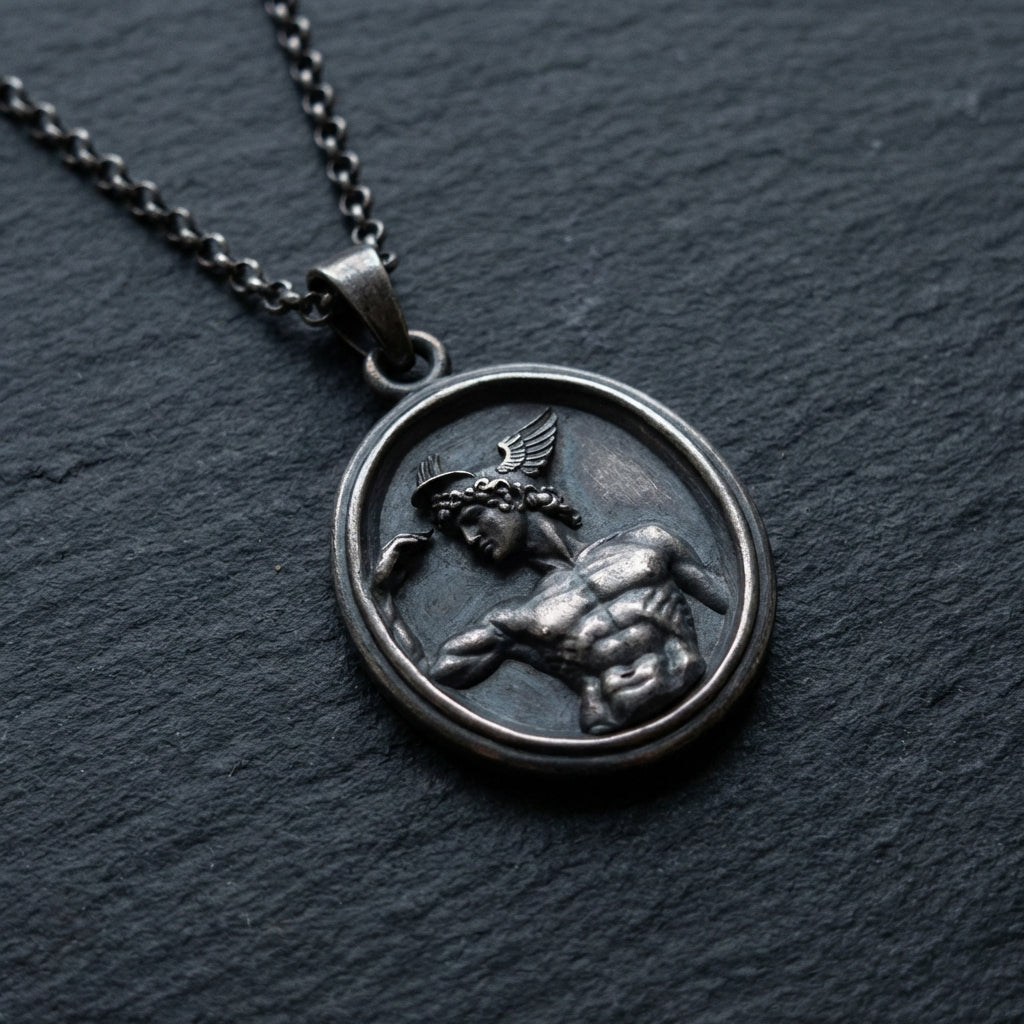 Mythology inspired Hermes necklace for men oxidized sterling silver Greek messenger god pendant handcrafted unique collectible jewelry
